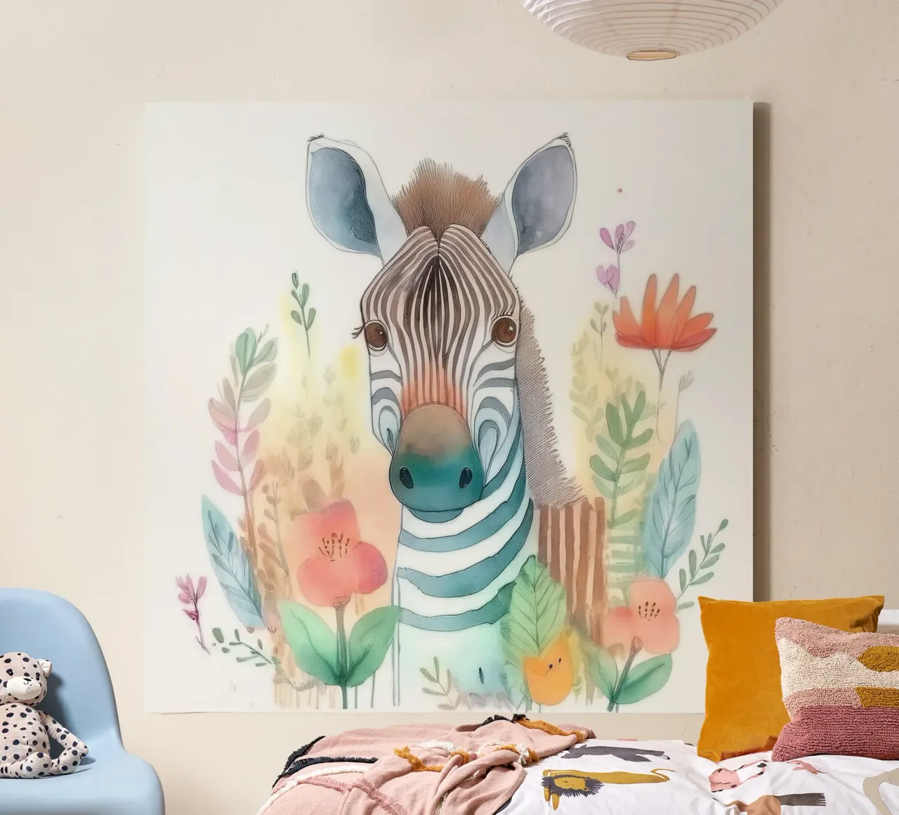 Whimsical Zebra in Floral Wonderland – Nursery Wall Art canvas with Floater frame by HoneyDesignsByK