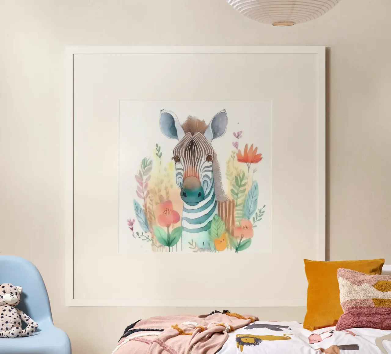 Skurriles Zebra im Blumenwunderland - Kinderzimmer Wandkunst Poster mit Kunststoffrahmen von HoneyDesignsByK
