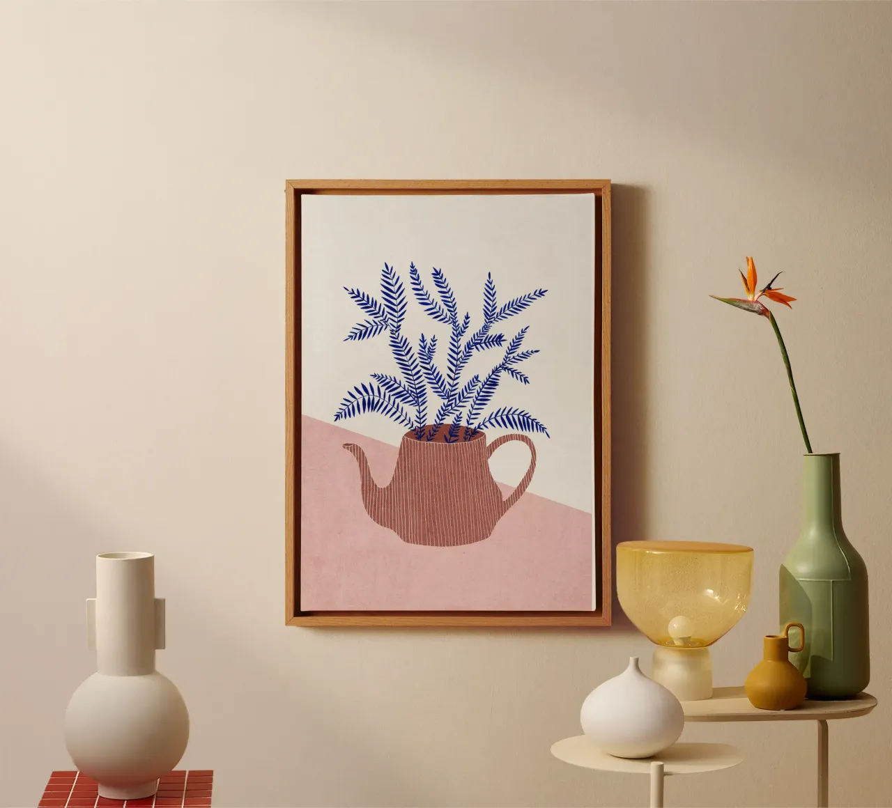 Jardinera con tetera - Ilustración botánica con un toque moderno lienzo con Marco flotante de kookiepixel