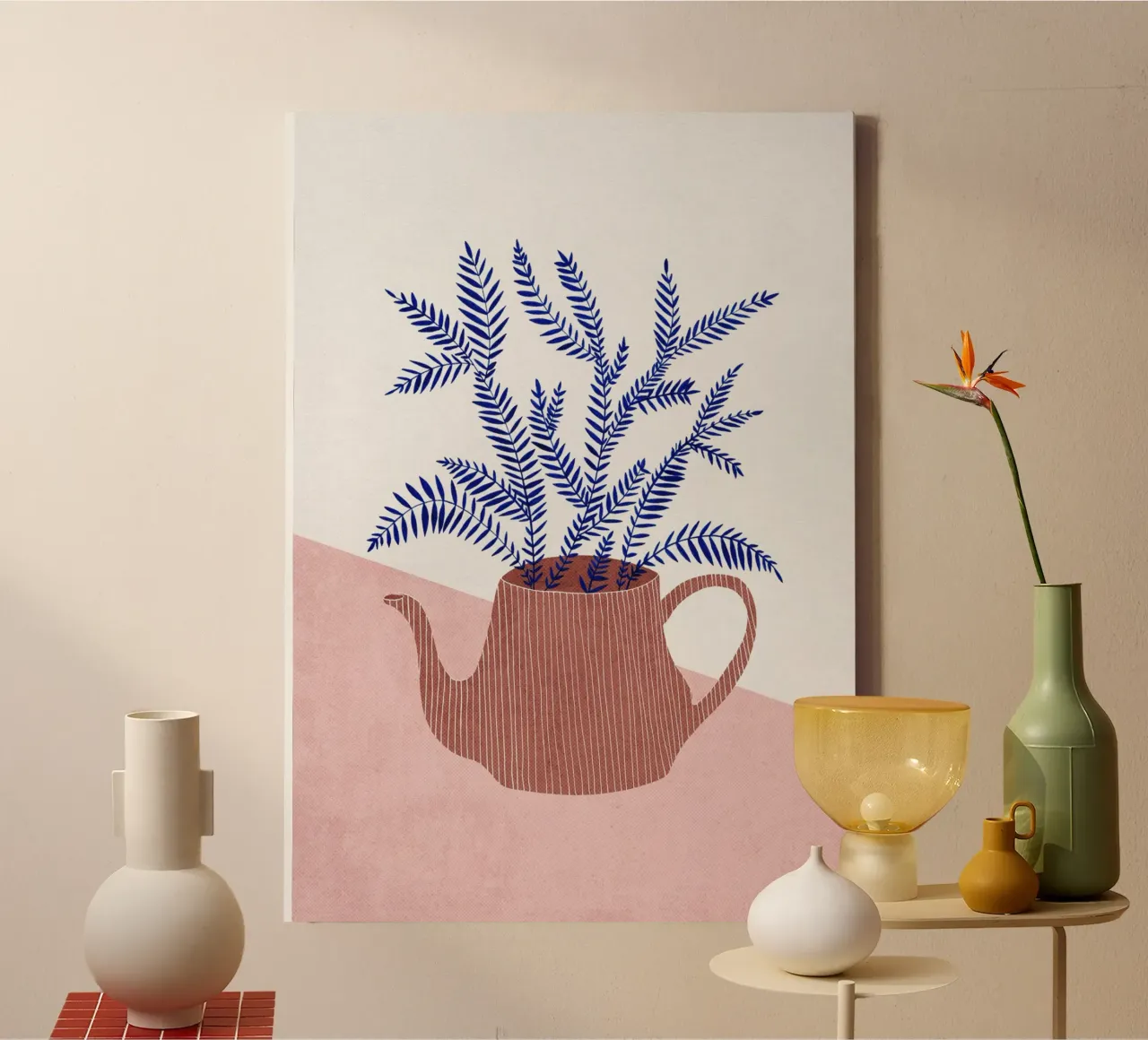Jardinera con tetera - Ilustración botánica con un toque moderno lienzo con Marco flotante de kookiepixel