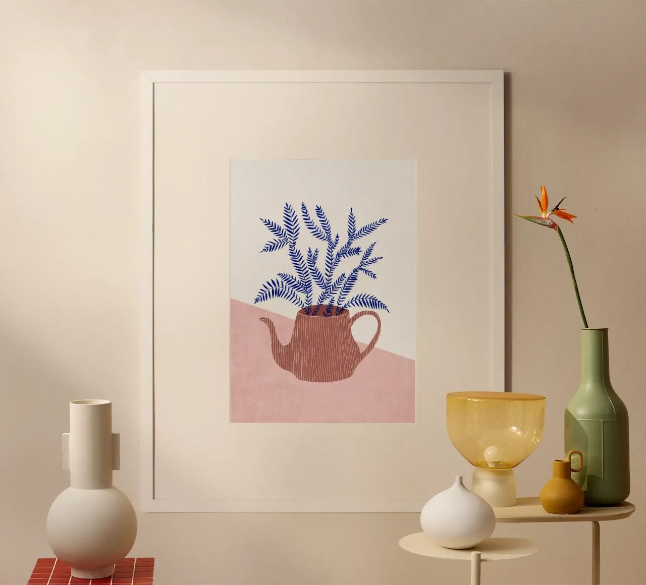 Jardinera con tetera - Ilustración botánica con un toque moderno poster con marco de madera de kookiepixel