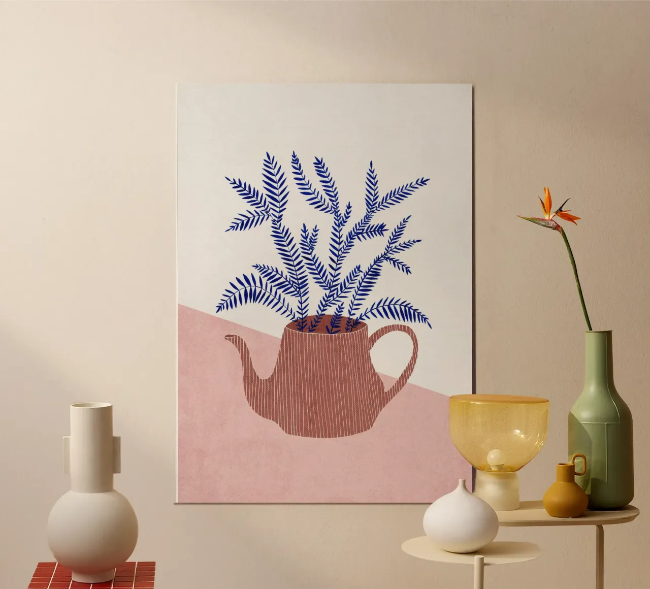 Jardinera con tetera - Ilustración botánica con un toque moderno poster con marco de madera de kookiepixel