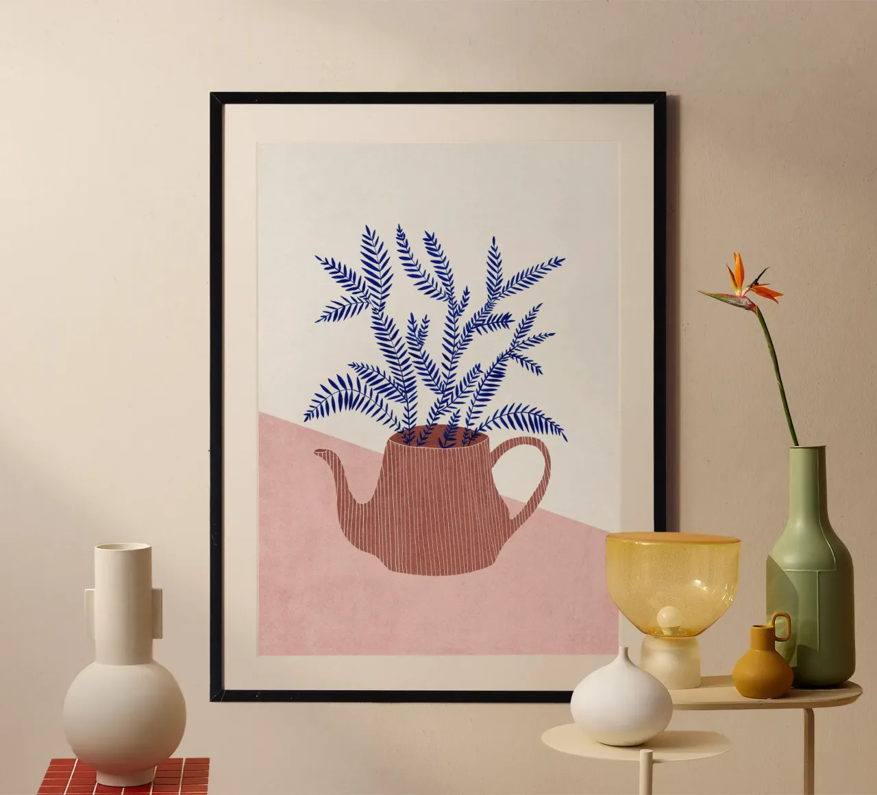 Jardinera con tetera - Ilustración botánica con un toque moderno poster con marco de madera de kookiepixel