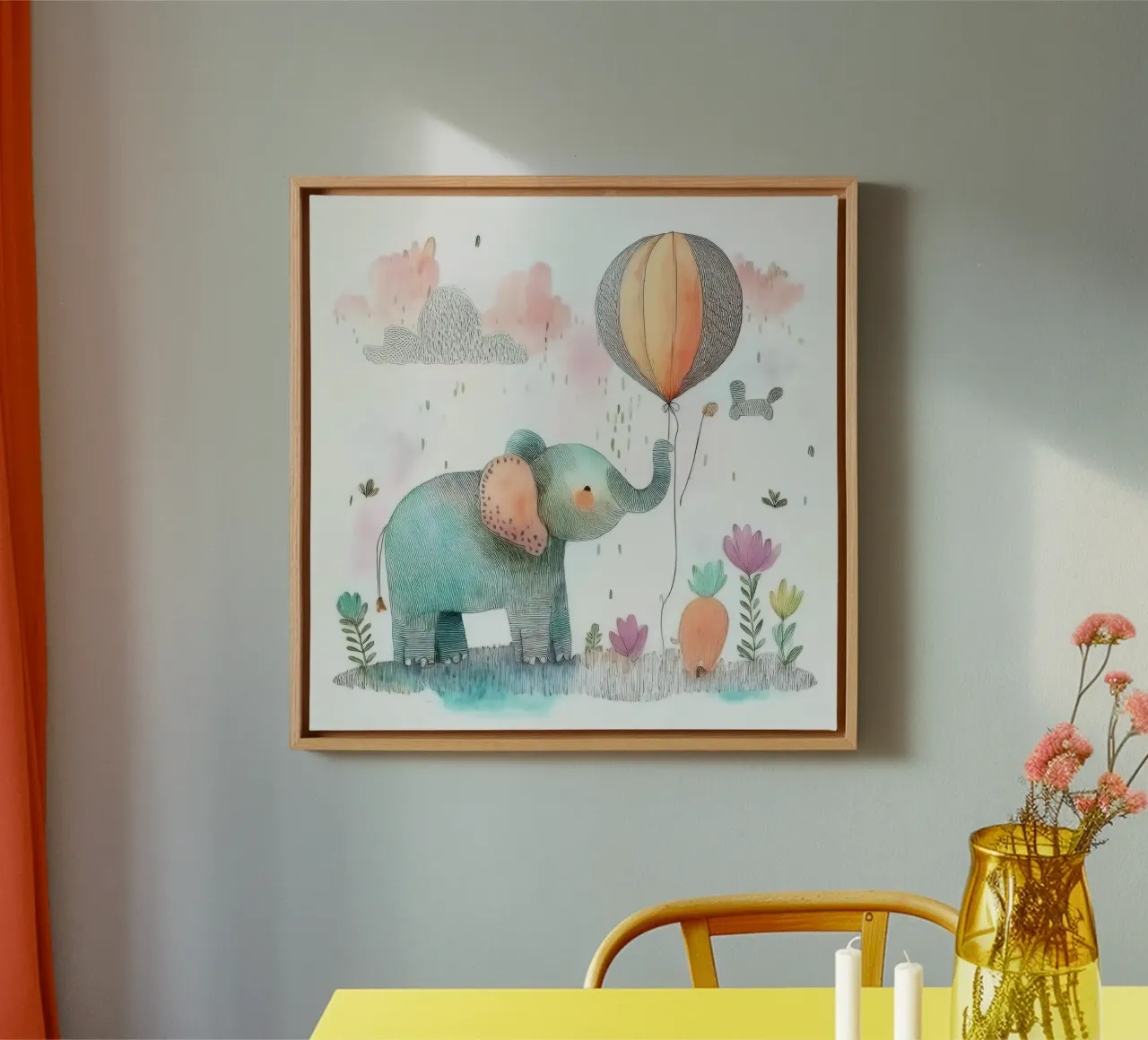 Dreamy Elephant with Balloon – Whimsical Nursery Wall Art canvas with Floater frame by HoneyDesignsByK