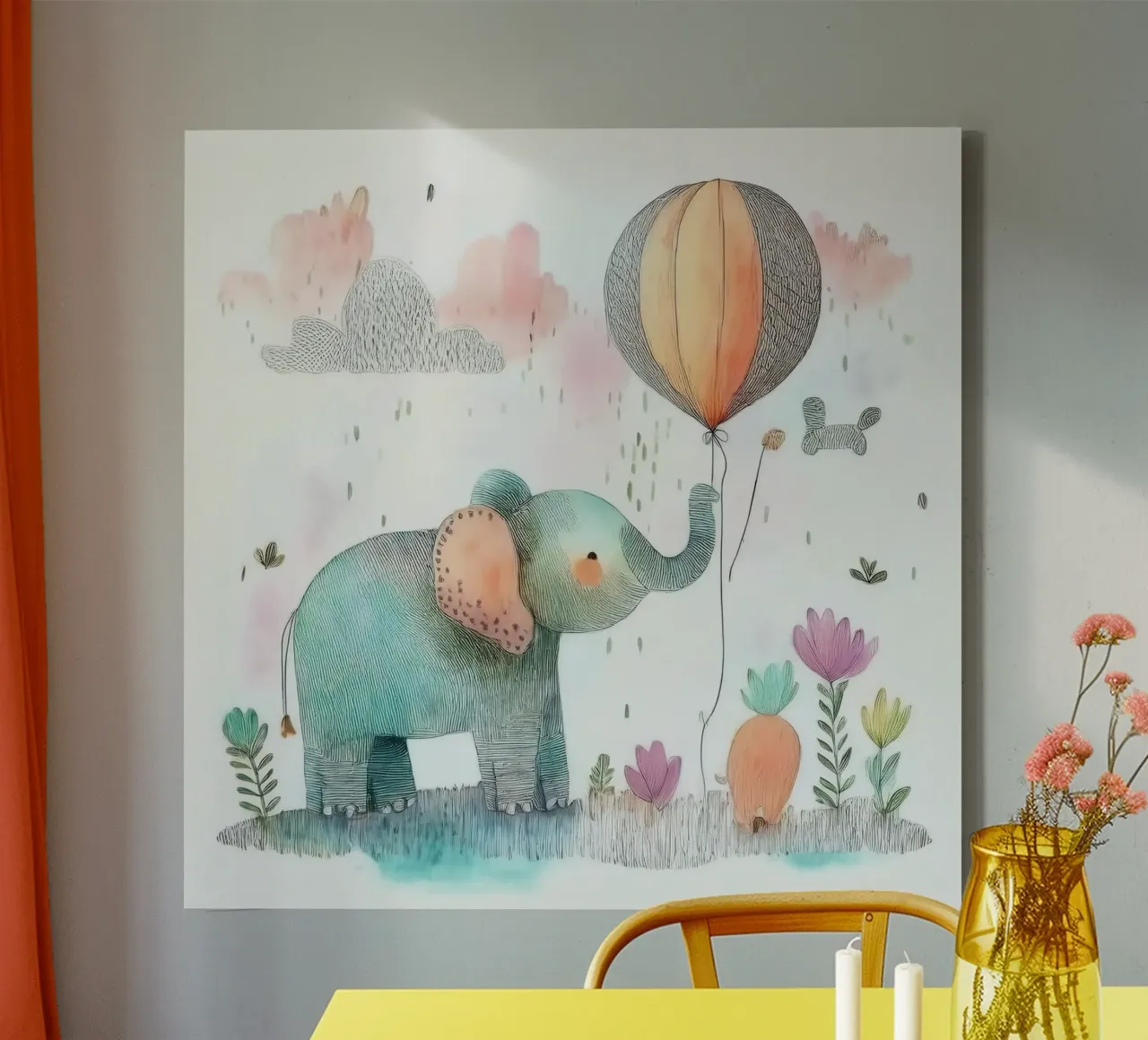 Dreamy Elephant with Balloon – Whimsical Nursery Wall Art canvas with Floater frame by HoneyDesignsByK