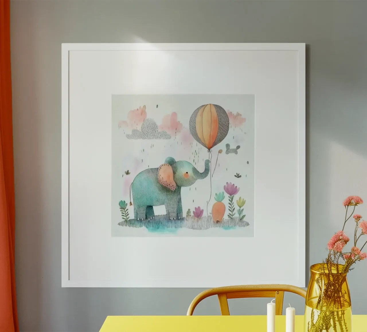 Elefante sognante con palloncino - Arte murale per vivaio stravagante poster con telaio in plastica da HoneyDesignsByK