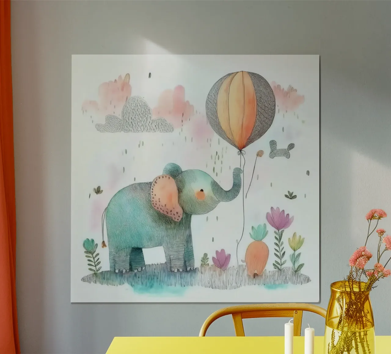 Elefante sognante con palloncino - Arte murale per vivaio stravagante poster con telaio in plastica da HoneyDesignsByK