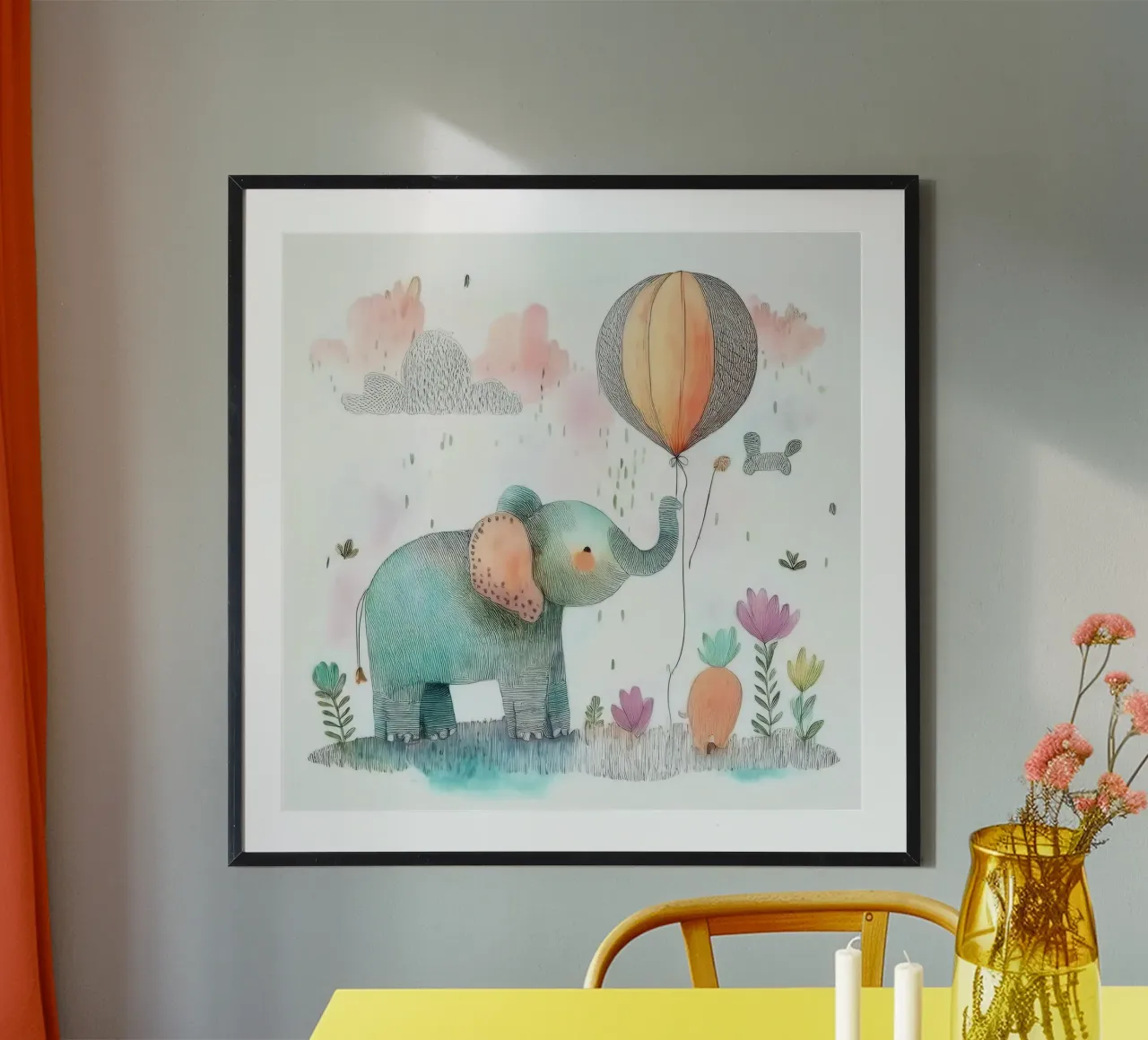 Elefante sognante con palloncino - Arte murale per vivaio stravagante poster con telaio in plastica da HoneyDesignsByK