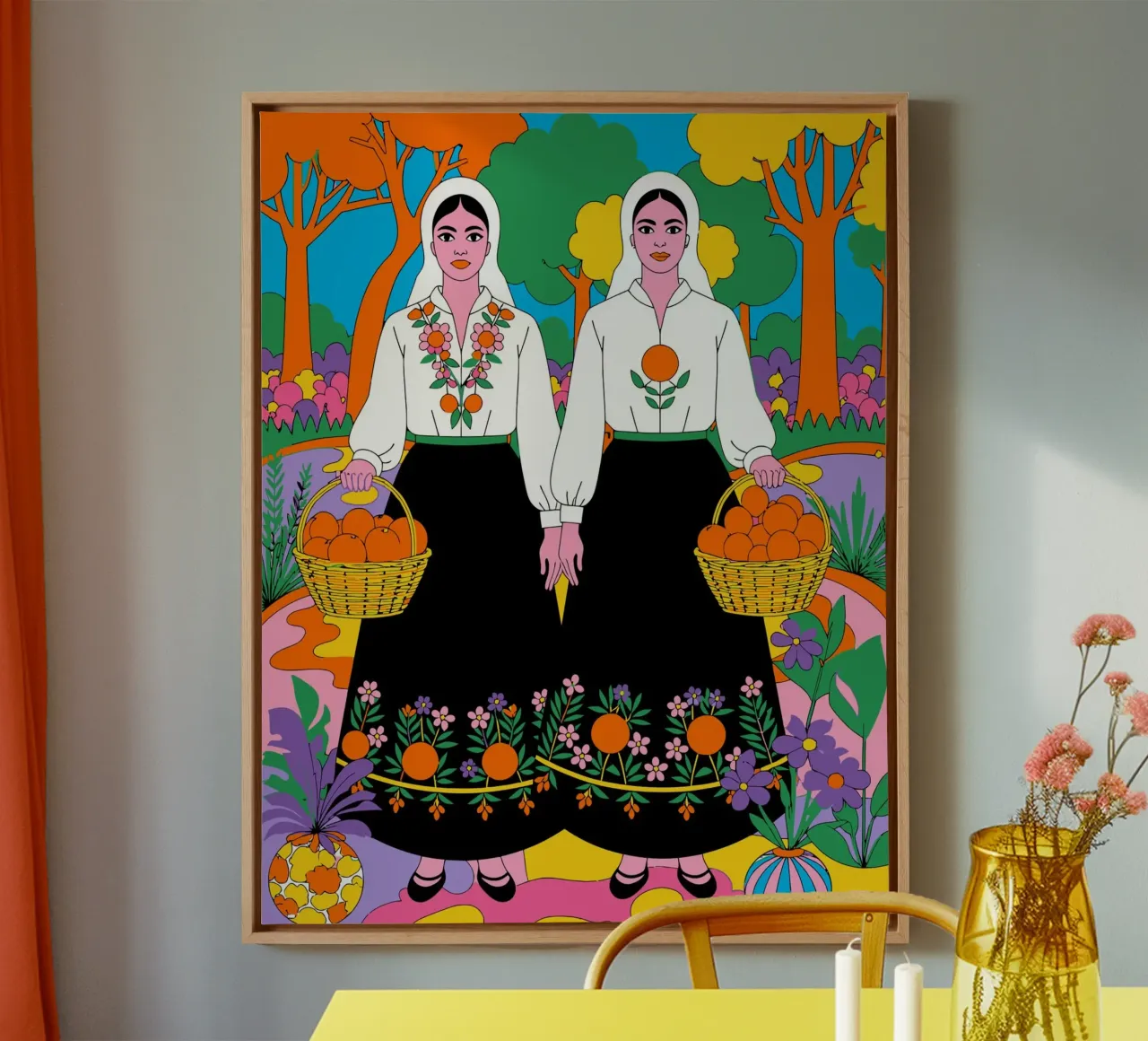Illustrazione pop art folcloristica di due donne con le arance tela con Cornice a cassetta da Signorino