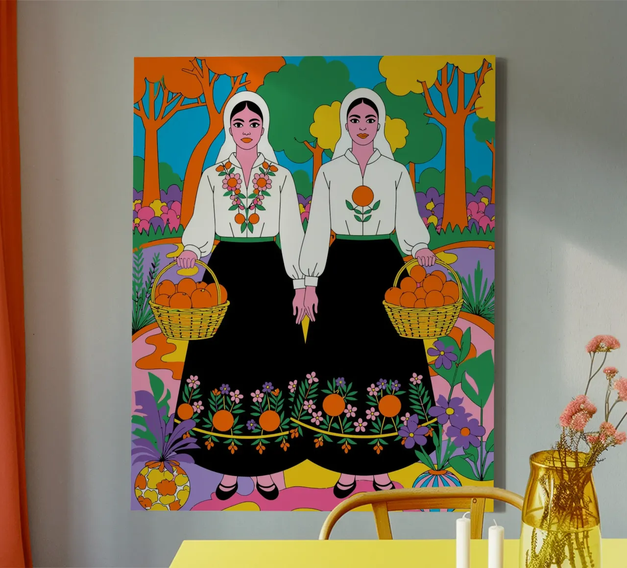 Illustrazione pop art folcloristica di due donne con le arance tela con Cornice a cassetta da Signorino
