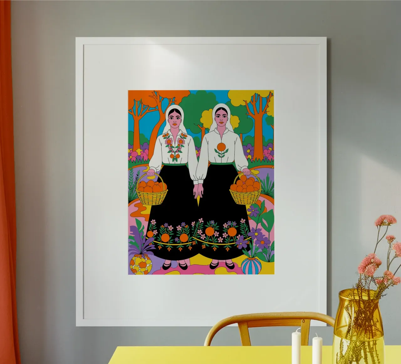 Illustrazione pop art folcloristica di due donne con le arance poster con telaio in legno da Signorino