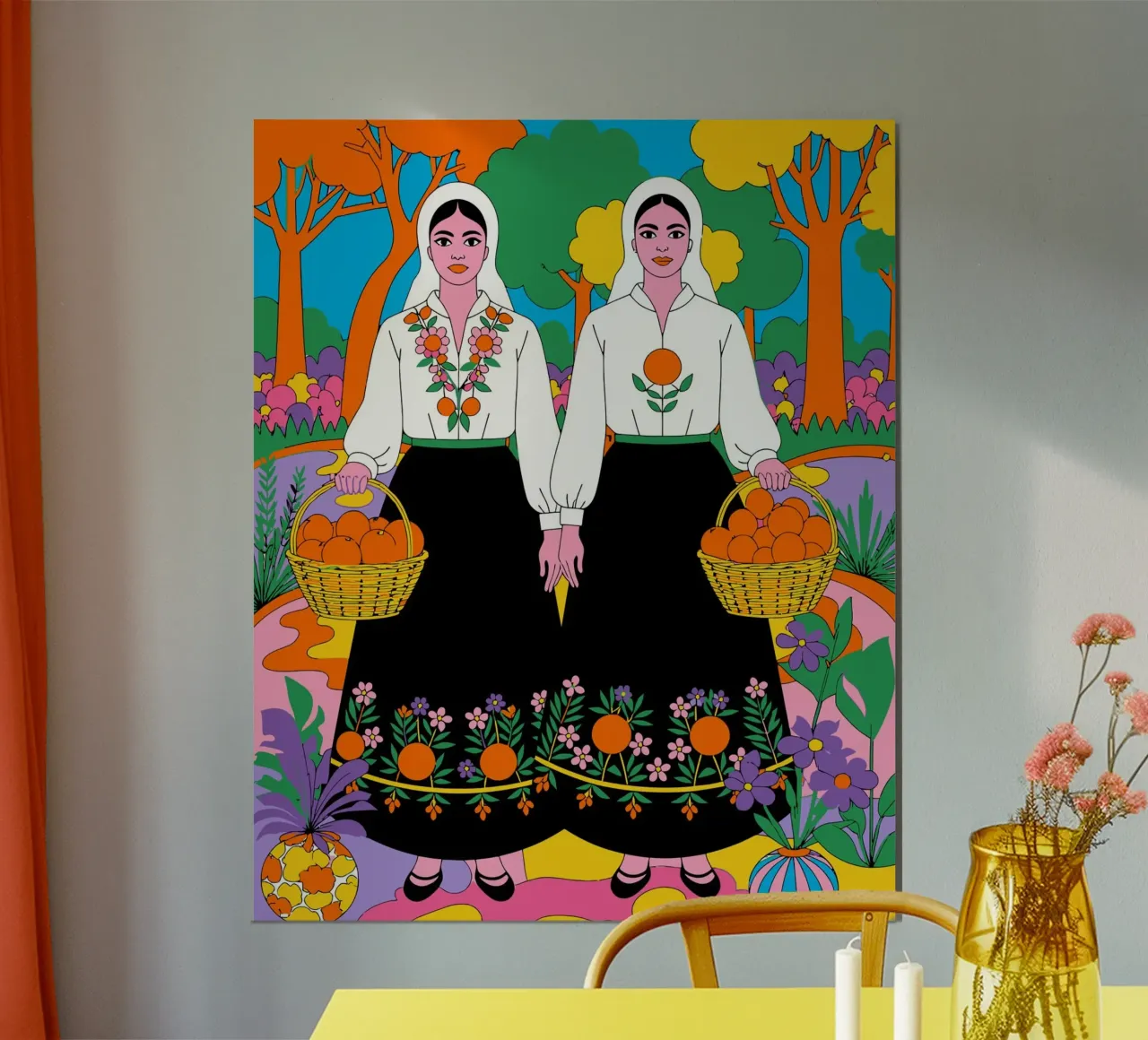 Illustrazione pop art folcloristica di due donne con le arance poster con telaio in legno da Signorino