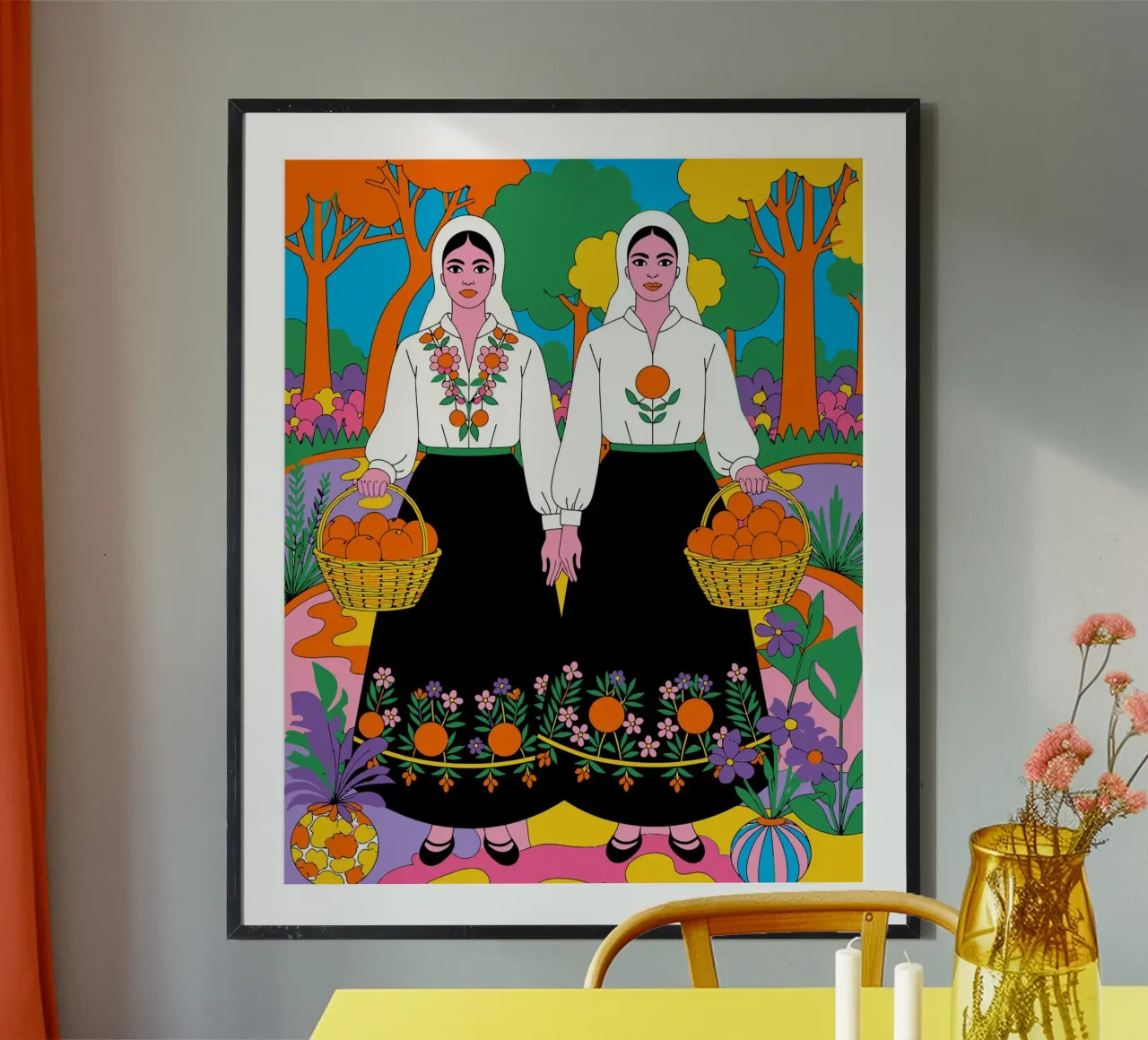 Illustrazione pop art folcloristica di due donne con le arance poster con telaio in legno da Signorino
