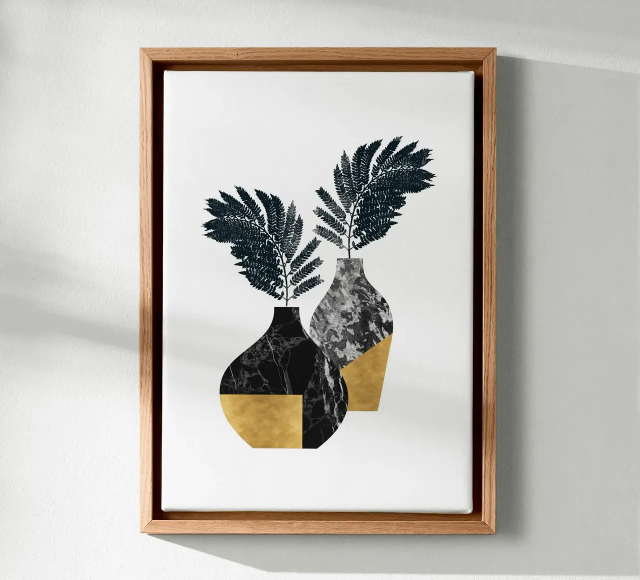Modern Vase Botanical – Black Marble and Gold Leaf Design canvas with Floater frame by kookiepixel