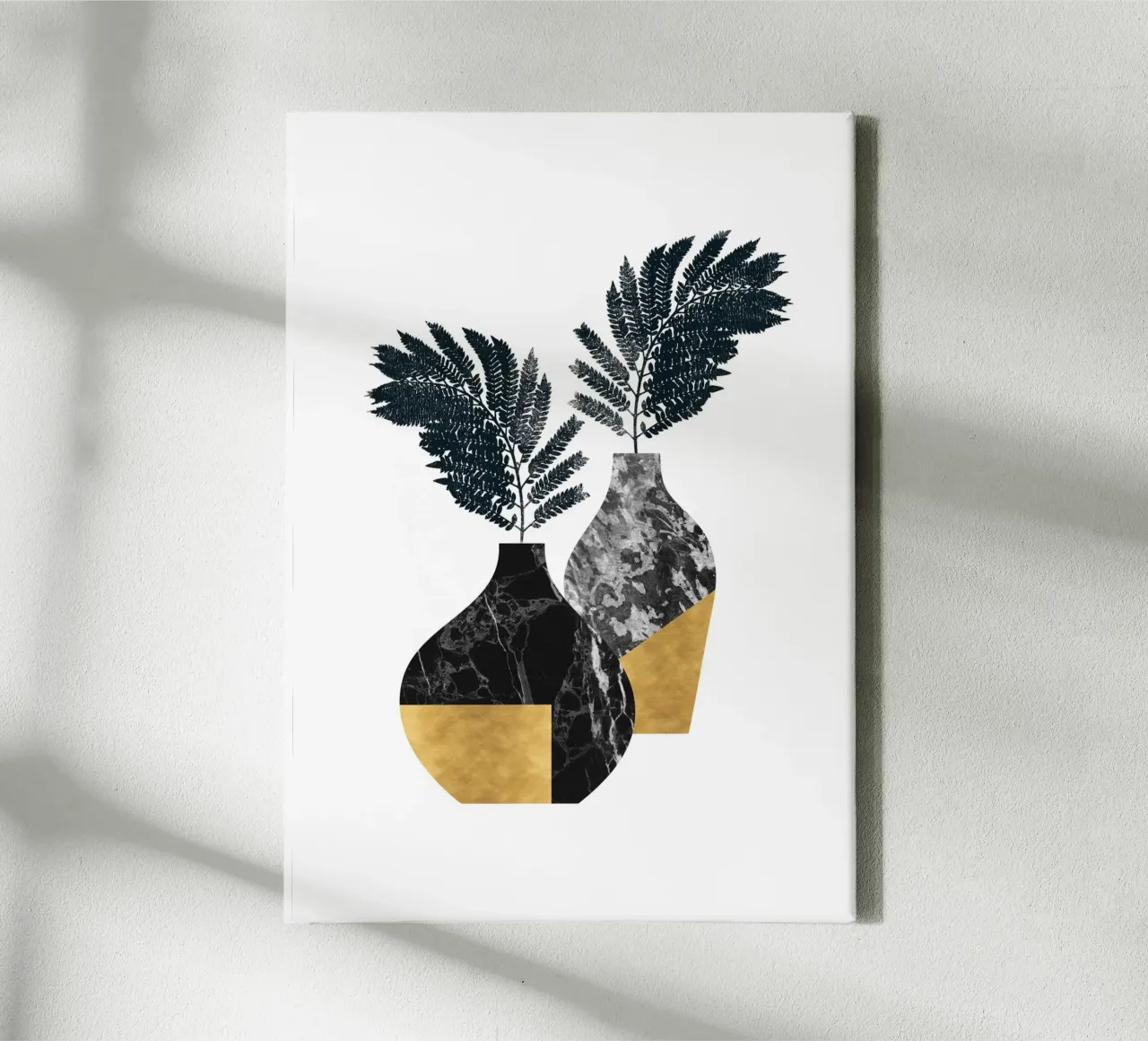 Modern Vase Botanical – Black Marble and Gold Leaf Design canvas with Floater frame by kookiepixel