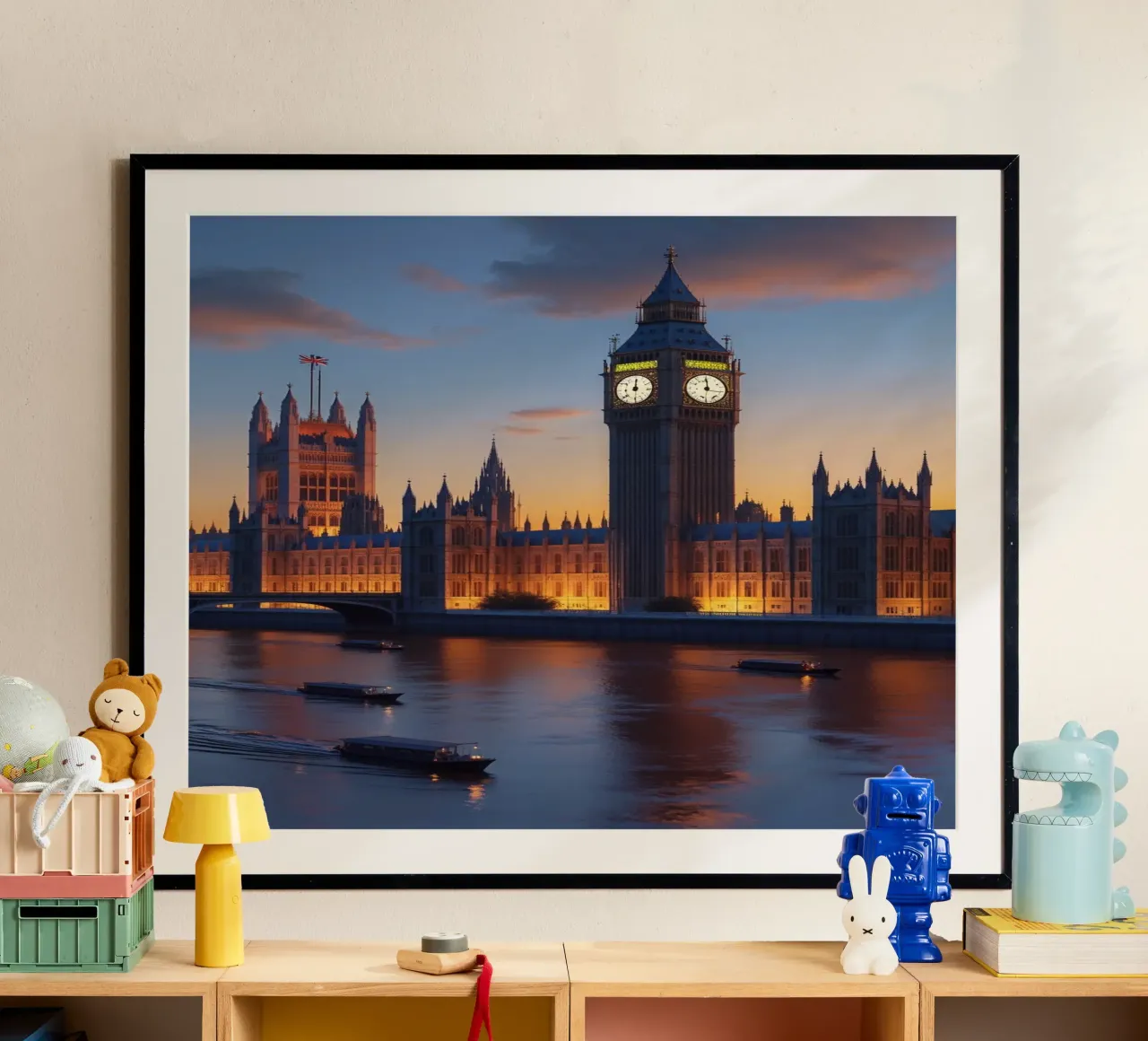 Big Ben at Sunset: A London Landmark Illuminated poster con telaio in plastica da AlbertKlee