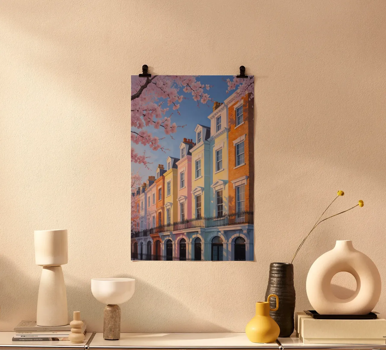 Pastel Paradise in Notting Hill poster con telaio in alluminio da AlbertKlee