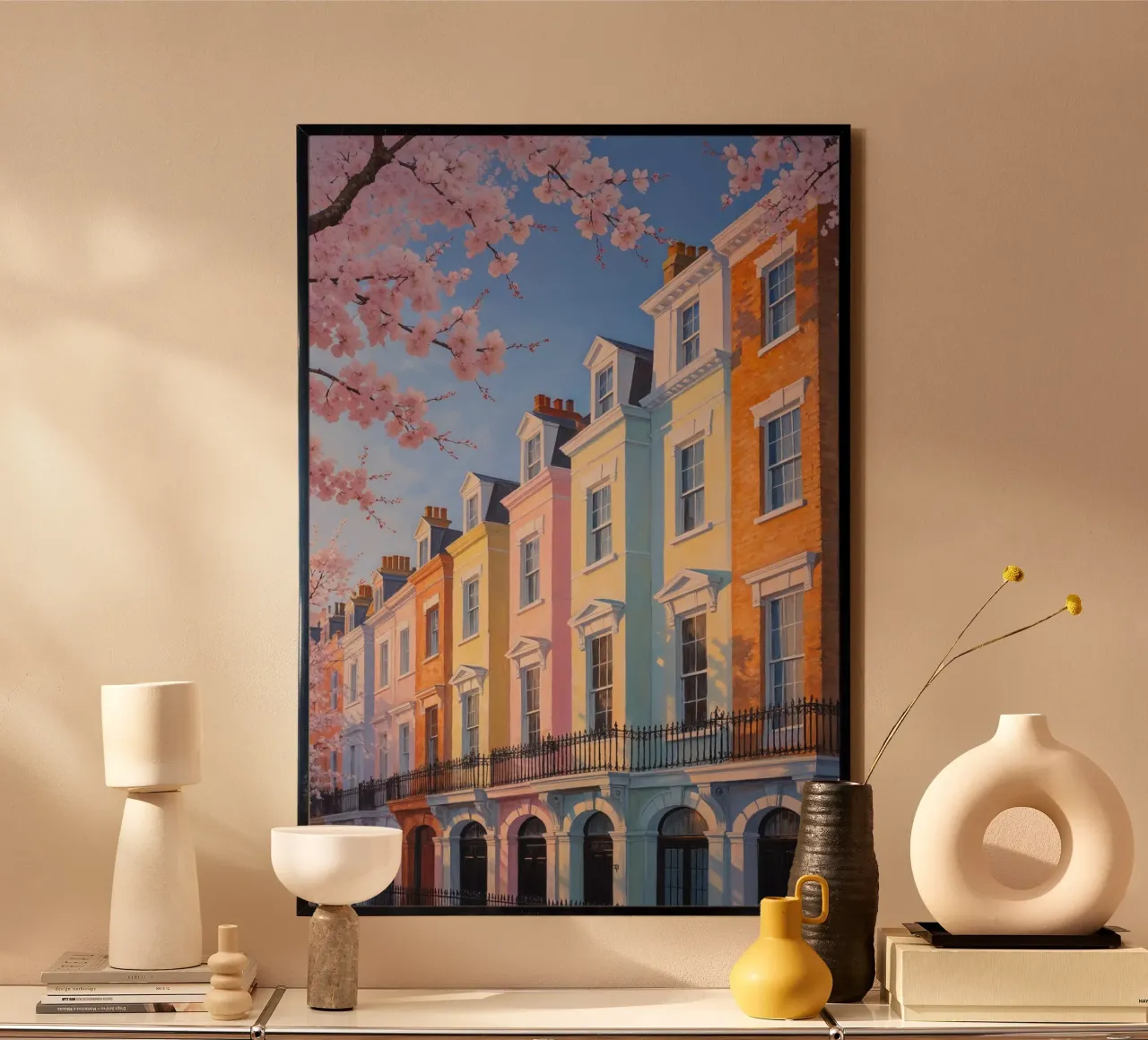 Pastel Paradise in Notting Hill poster con telaio in alluminio da AlbertKlee