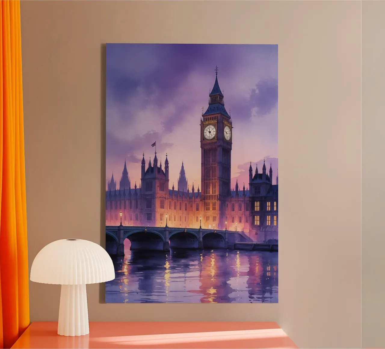 Big Ben in a Romantic Watercolor Evening Glow tela con Cornice a cassetta da AlbertKlee