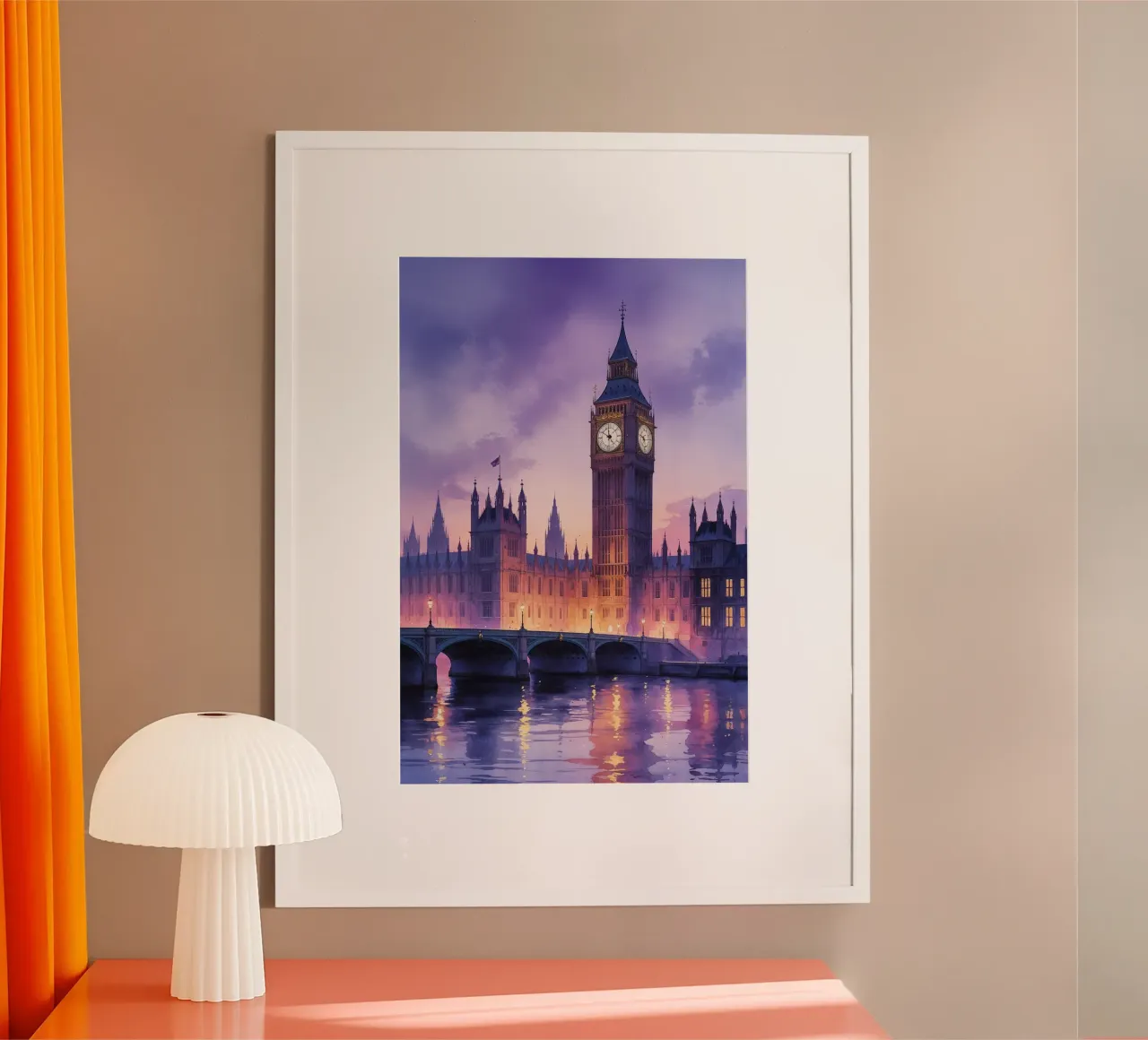 Big Ben in a Romantic Watercolor Evening Glow poster con telaio in plastica da AlbertKlee
