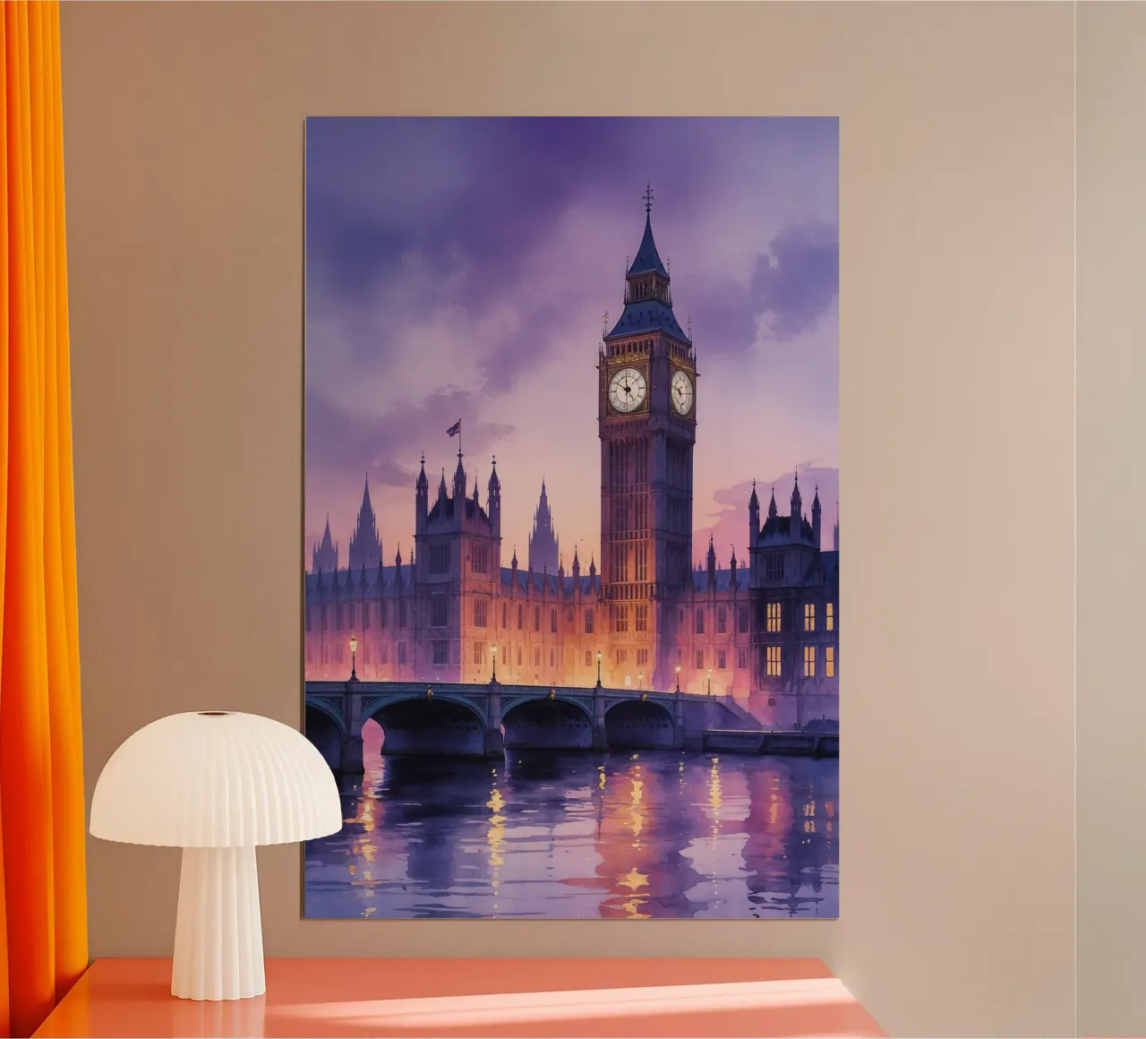 Big Ben in a Romantic Watercolor Evening Glow poster con telaio in plastica da AlbertKlee