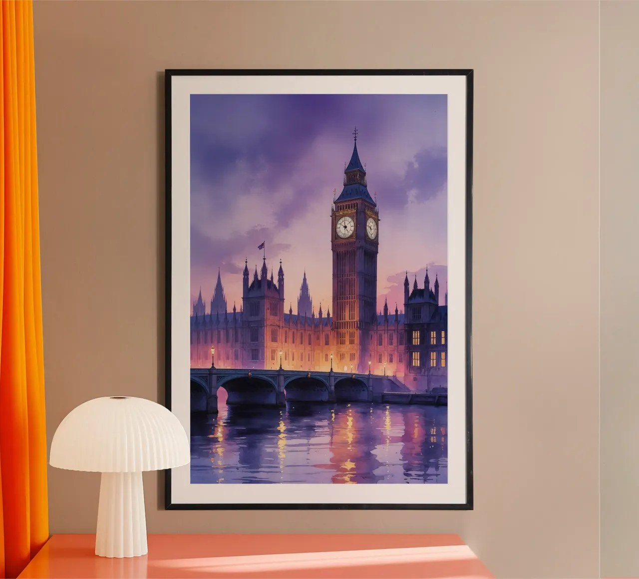 Big Ben in a Romantic Watercolor Evening Glow poster con telaio in plastica da AlbertKlee