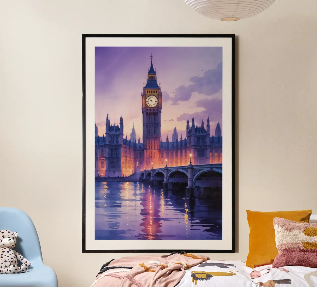 Dreamy Watercolor of Big Ben and the Thames poster con telaio in plastica da AlbertKlee