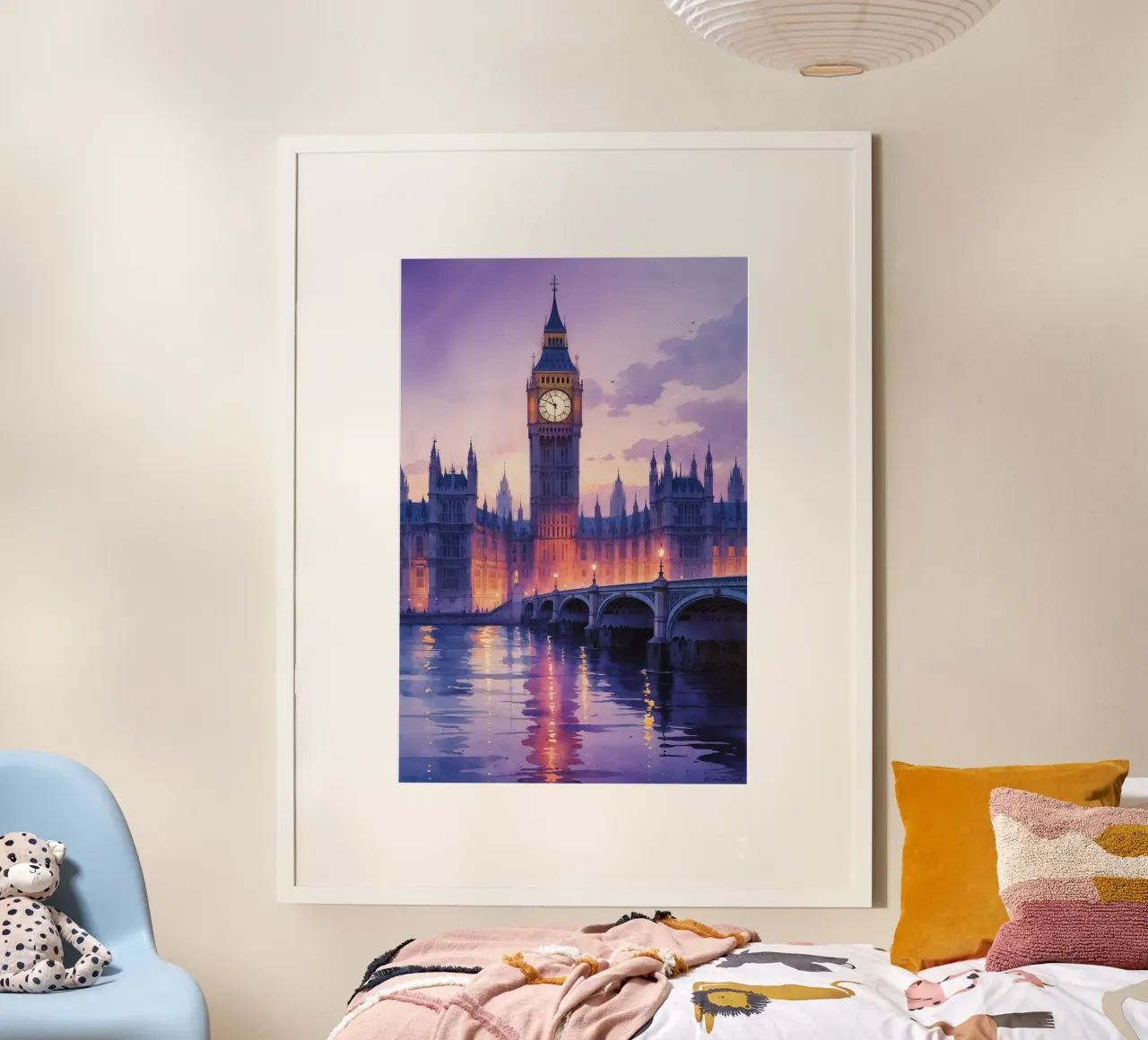 Dreamy Watercolor of Big Ben and the Thames poster con telaio in plastica da AlbertKlee