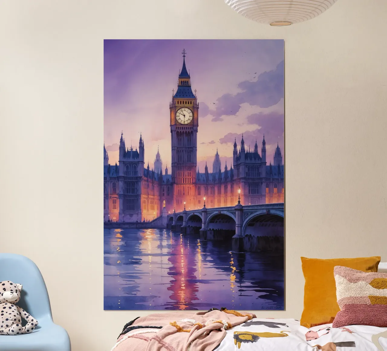 Dreamy Watercolor of Big Ben and the Thames poster con telaio in plastica da AlbertKlee