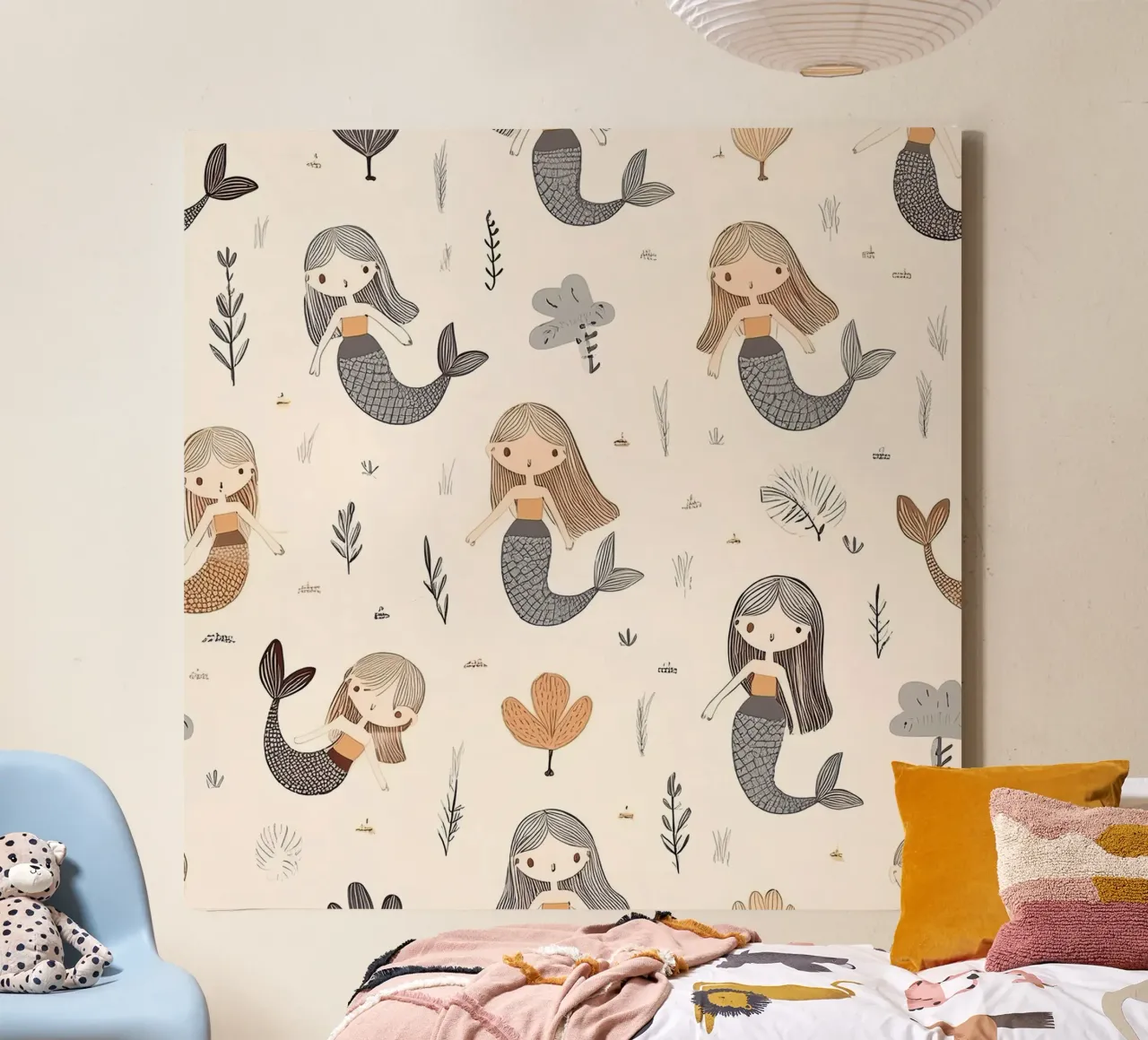 Whimsical Mermaid Pattern – Enchanting Kids Wall Art Print canvas with Floater frame by HoneyDesignsByK