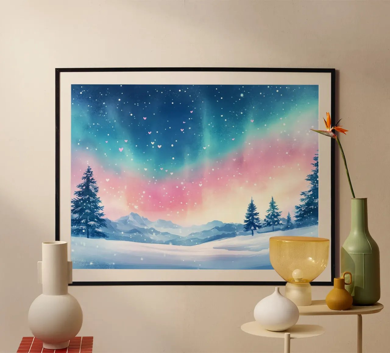 L'aurora boreale: la foresta sotto l'aurora boreale carta hahnemühle da Théïa's Fantasia World