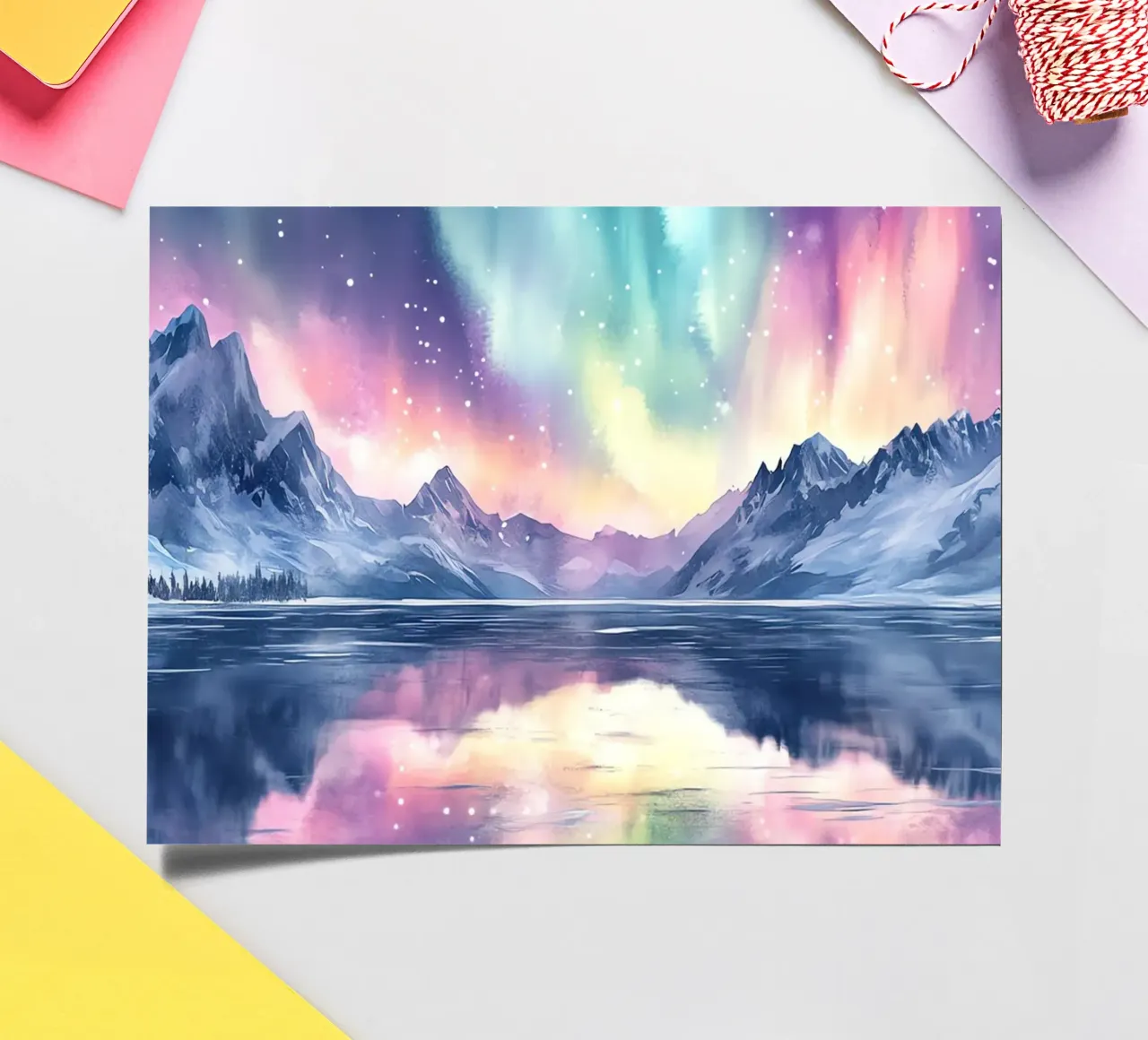 Reflets Polaires: l'aurora boreale ai piedi delle cime foglio adesivo da Théïa's Fantasia World