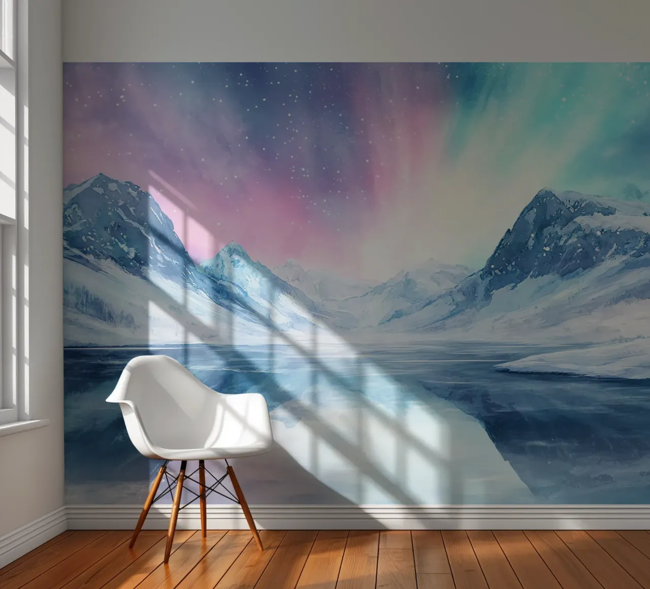 Miroir Boréal : Lac et Montagnes sous les Aurores papier peint photo de Théïa's Fantasia World