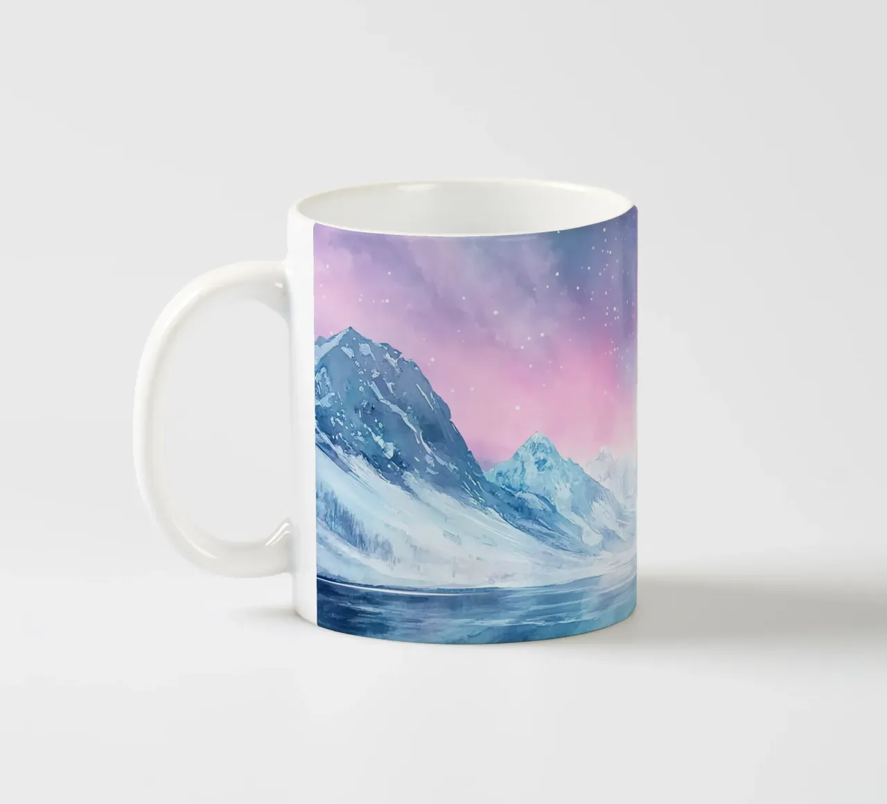 Boreal Mirror: Lake and Mountains under the Aurora ceramic mug by Théïa's Fantasia World