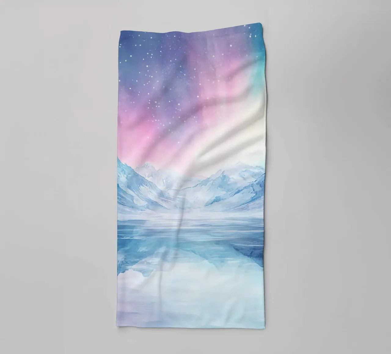 Boreal Mirror: Lake and Mountains under the Aurora towel by Théïa's Fantasia World