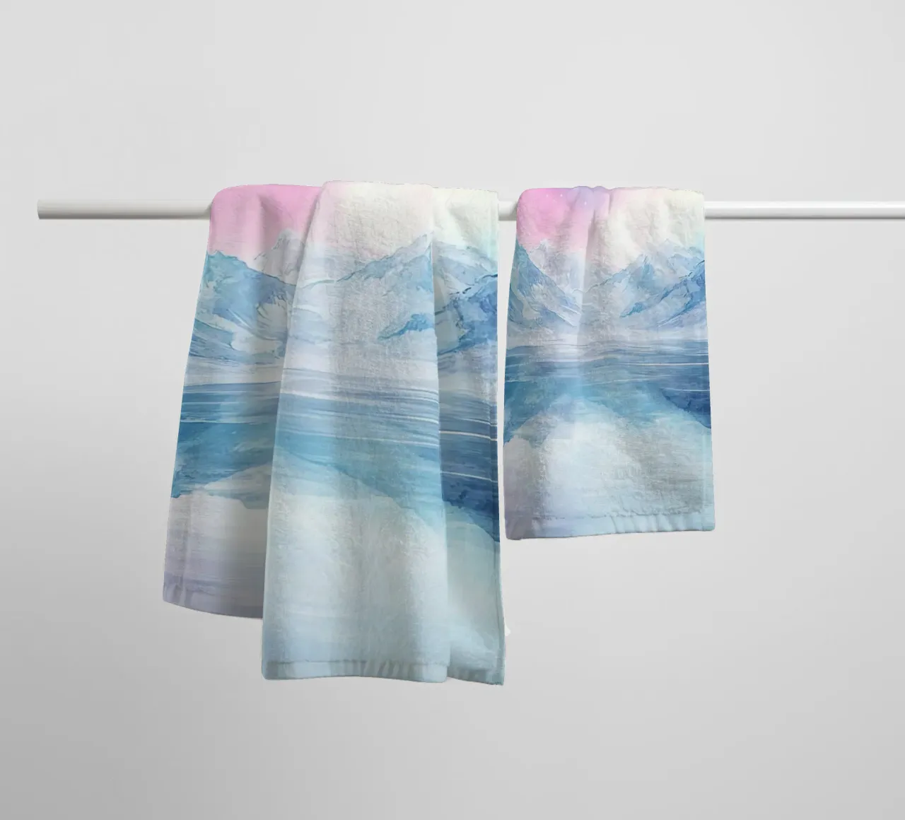 Boreal Mirror: Lake and Mountains under the Aurora towel by Théïa's Fantasia World