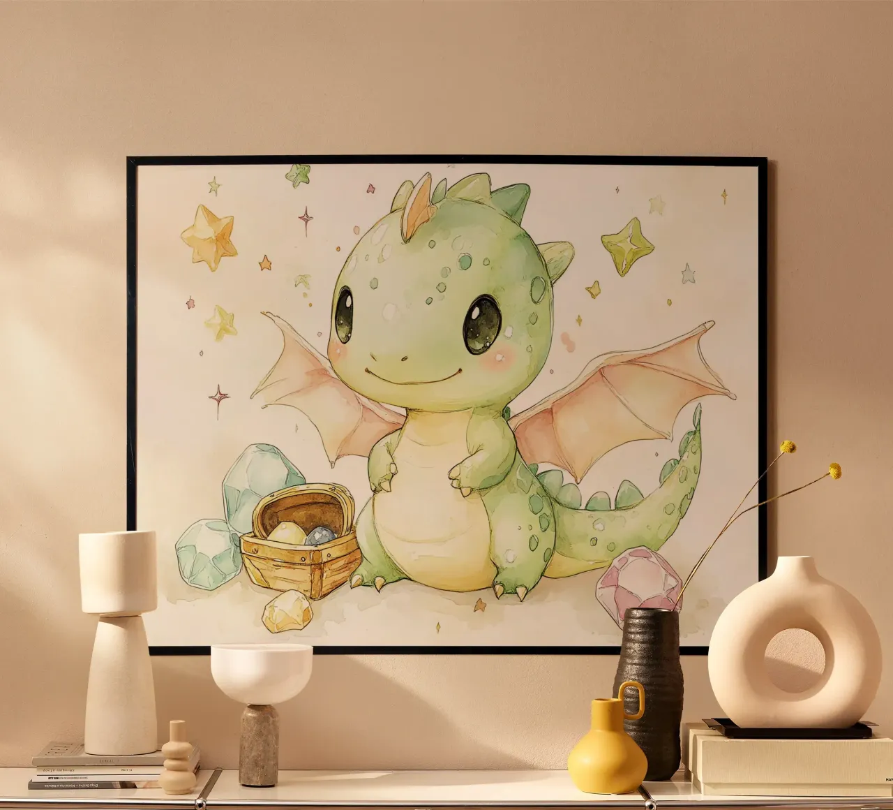 Mystische Schätze: Verzauberter Drache unter den Kristallen Poster mit Kunststoffrahmen von Théïa's Fantasia World