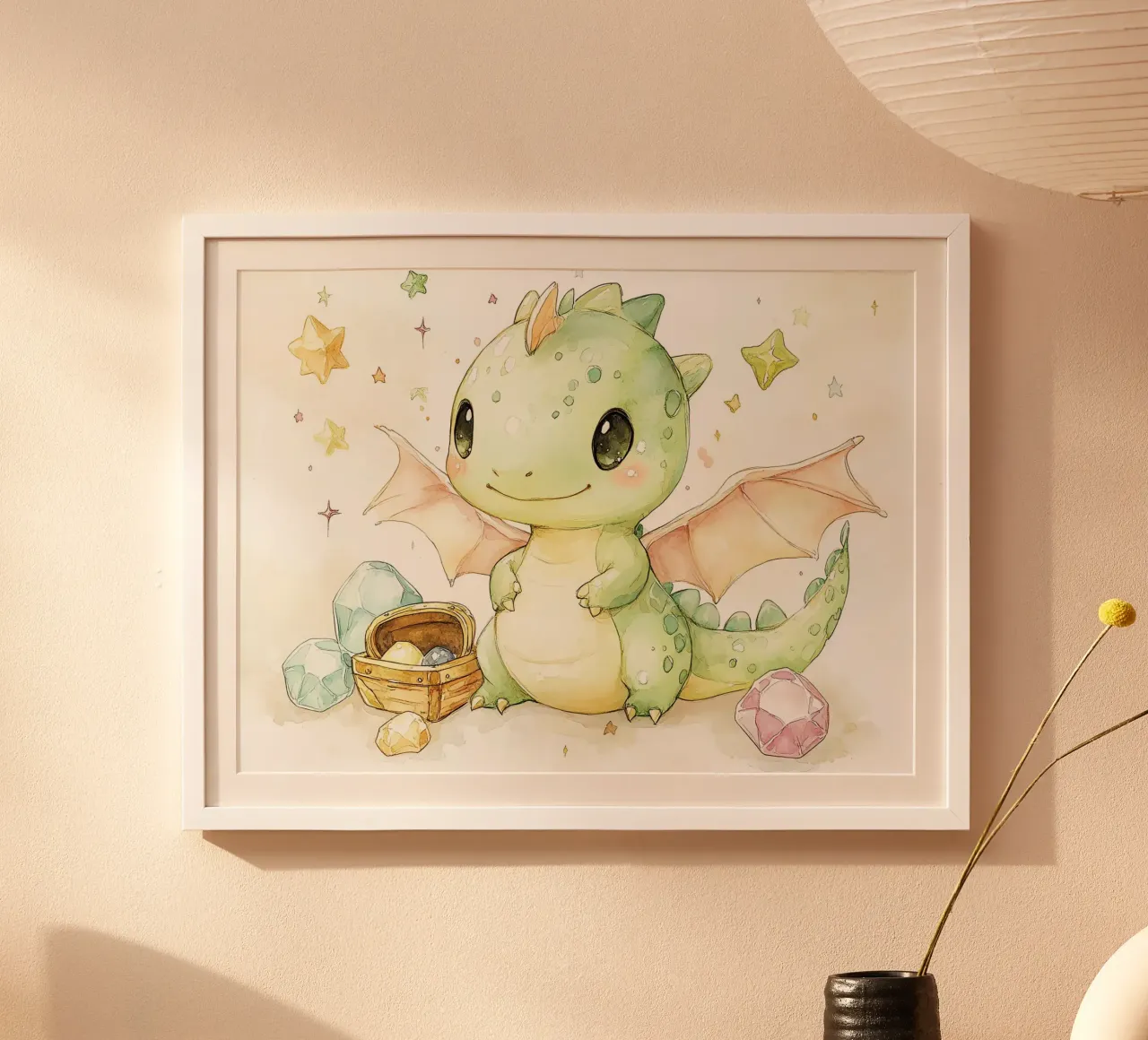 Mystische Schätze: Verzauberter Drache unter den Kristallen Poster mit Kunststoffrahmen von Théïa's Fantasia World