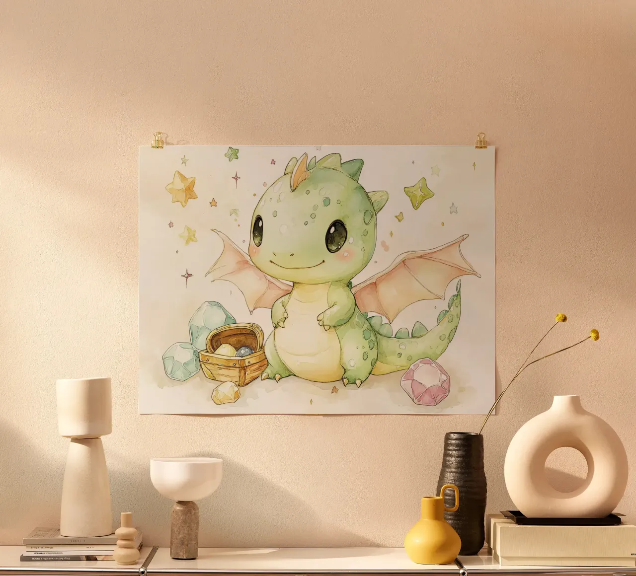 Mystische Schätze: Verzauberter Drache unter den Kristallen Poster mit Kunststoffrahmen von Théïa's Fantasia World