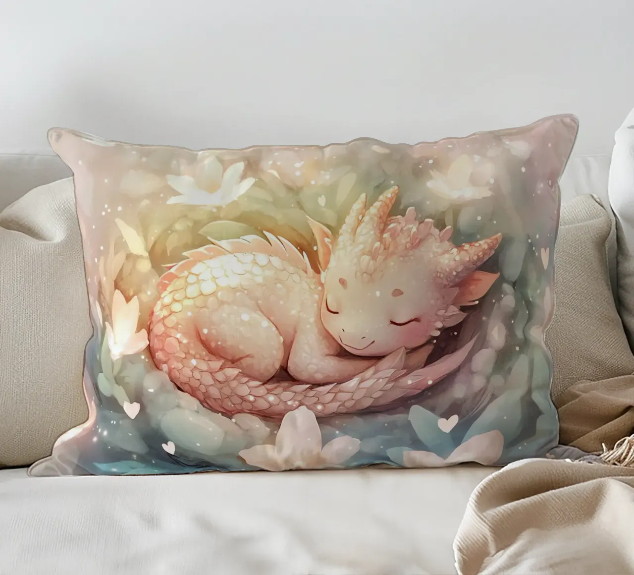 Paisible Éveil : Dragon Endormi dans un Lit de Fleurs coussin de Théïa's Fantasia World