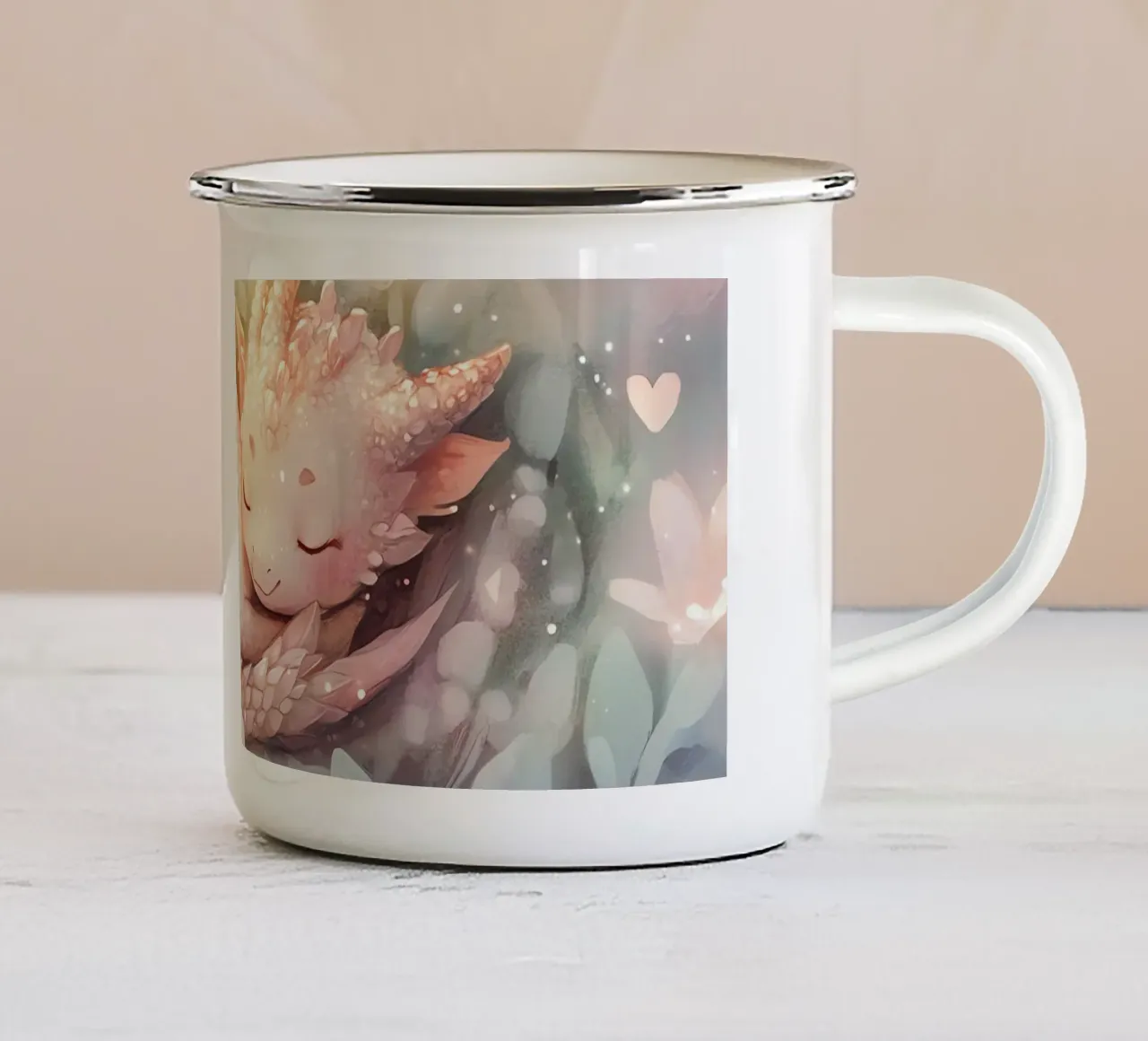Risveglio pacifico: Drago addormentato in un letto di fiori tazza in smalto da Théïa's Fantasia World