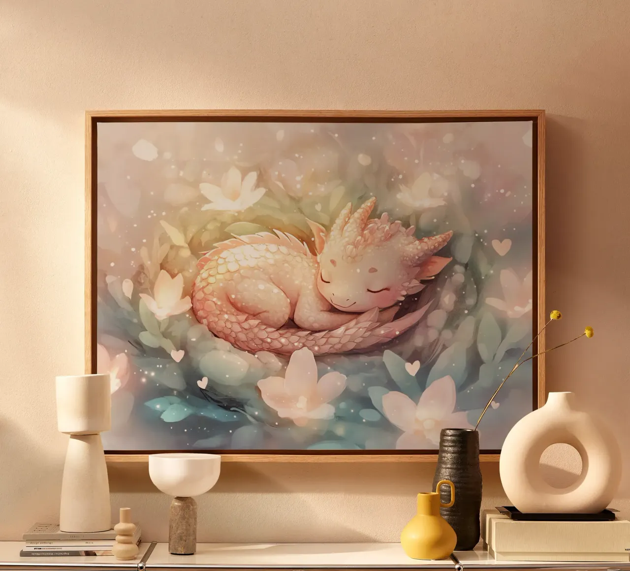 Friedliches Erwachen: Schlafender Drache in einem Blumenbett Leinwand mit Schattenfugenrahmen von Théïa's Fantasia World