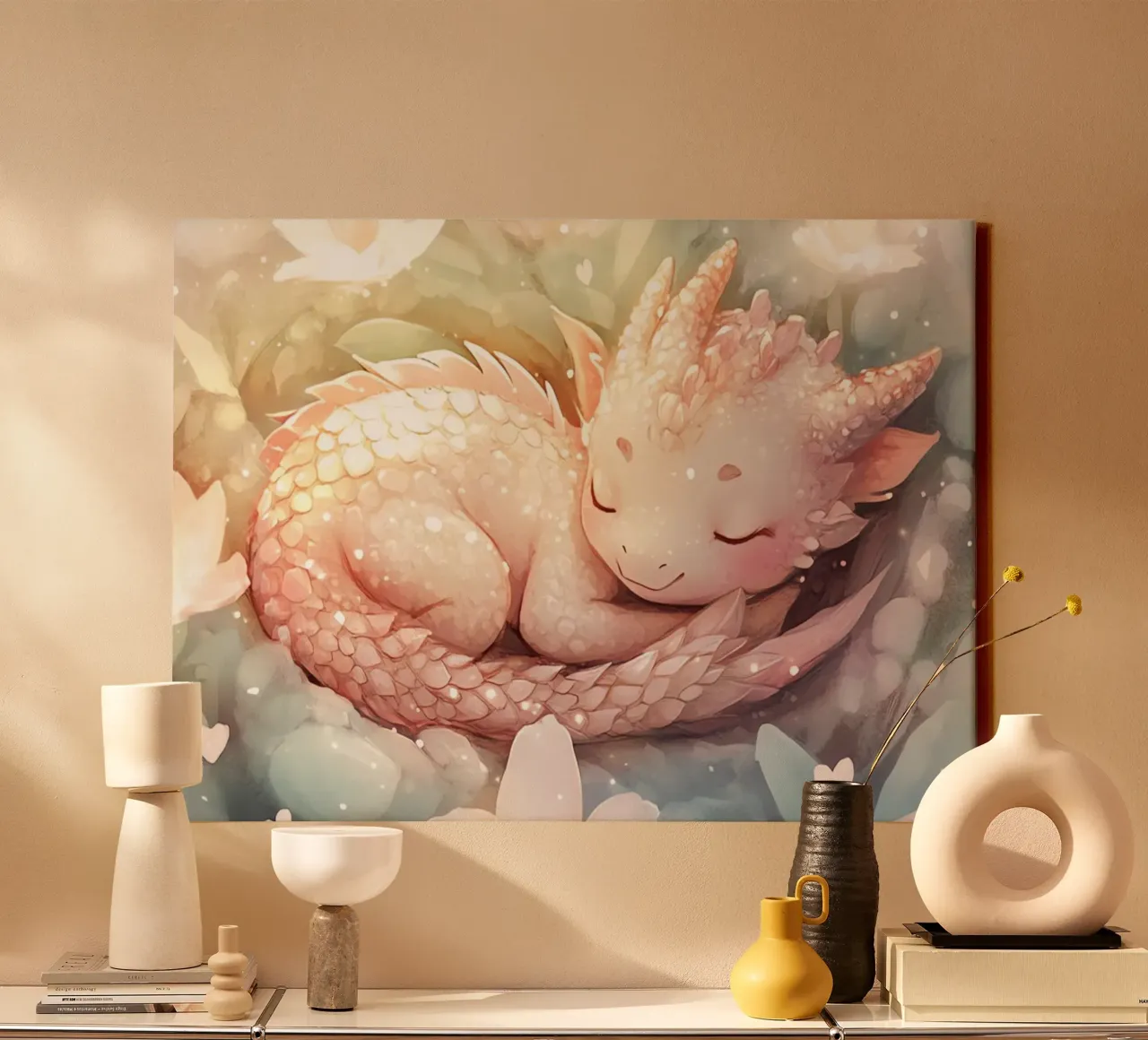 Friedliches Erwachen: Schlafender Drache in einem Blumenbett Leinwand mit Schattenfugenrahmen von Théïa's Fantasia World