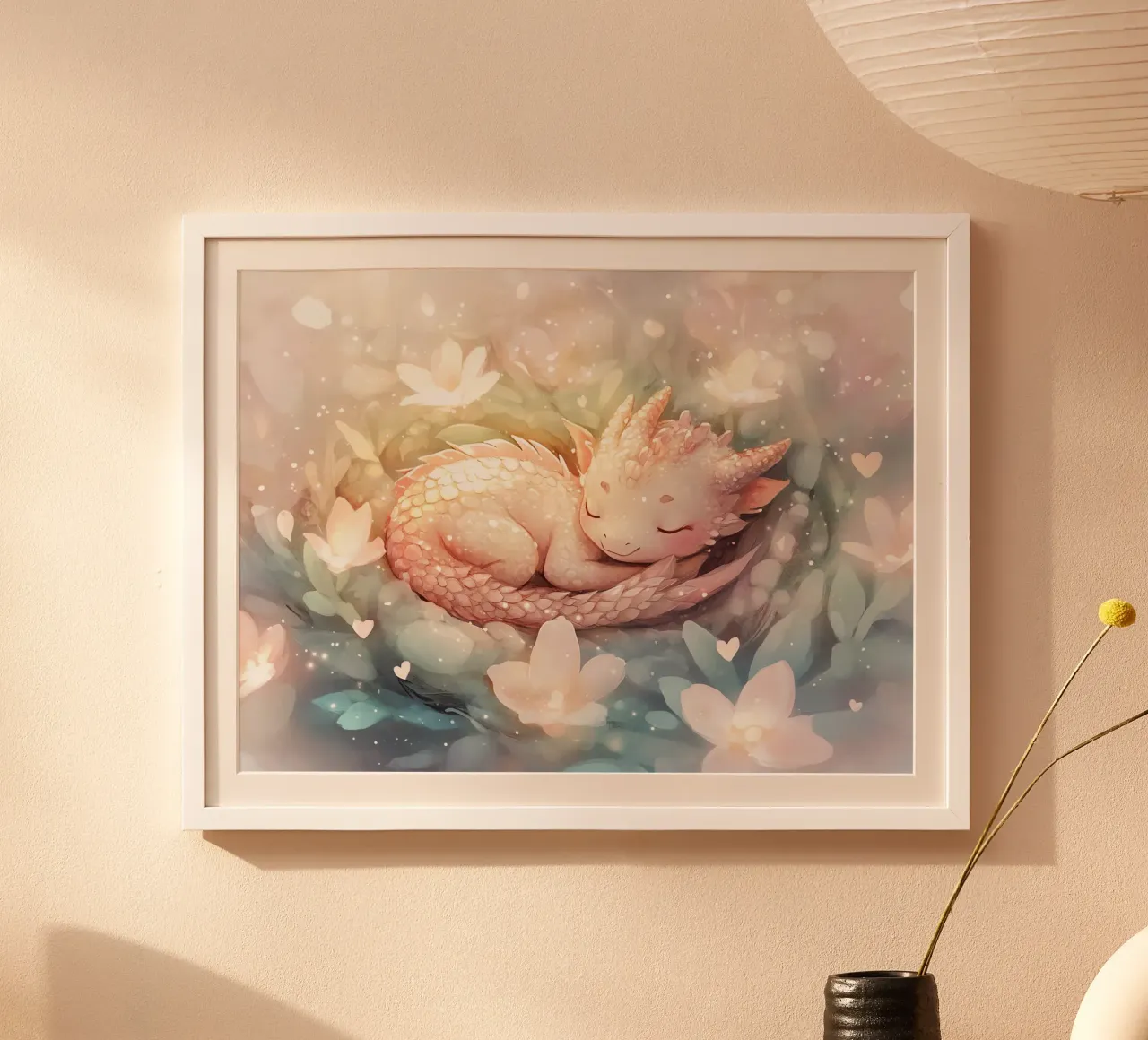 Risveglio pacifico: Drago addormentato in un letto di fiori poster da Théïa's Fantasia World