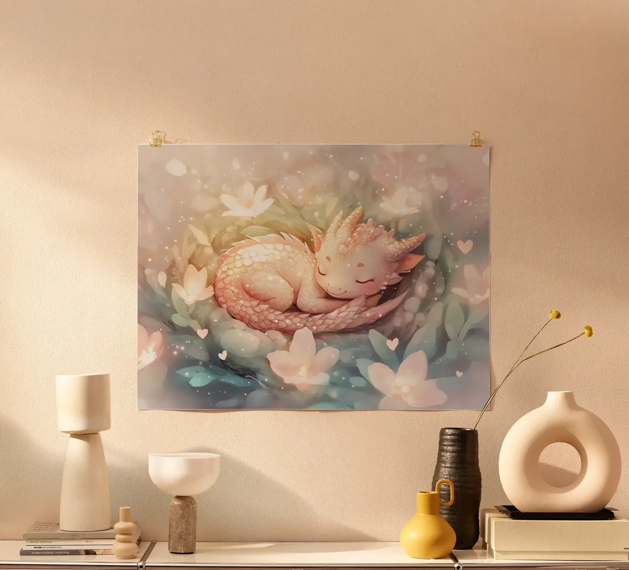 Risveglio pacifico: Drago addormentato in un letto di fiori poster da Théïa's Fantasia World