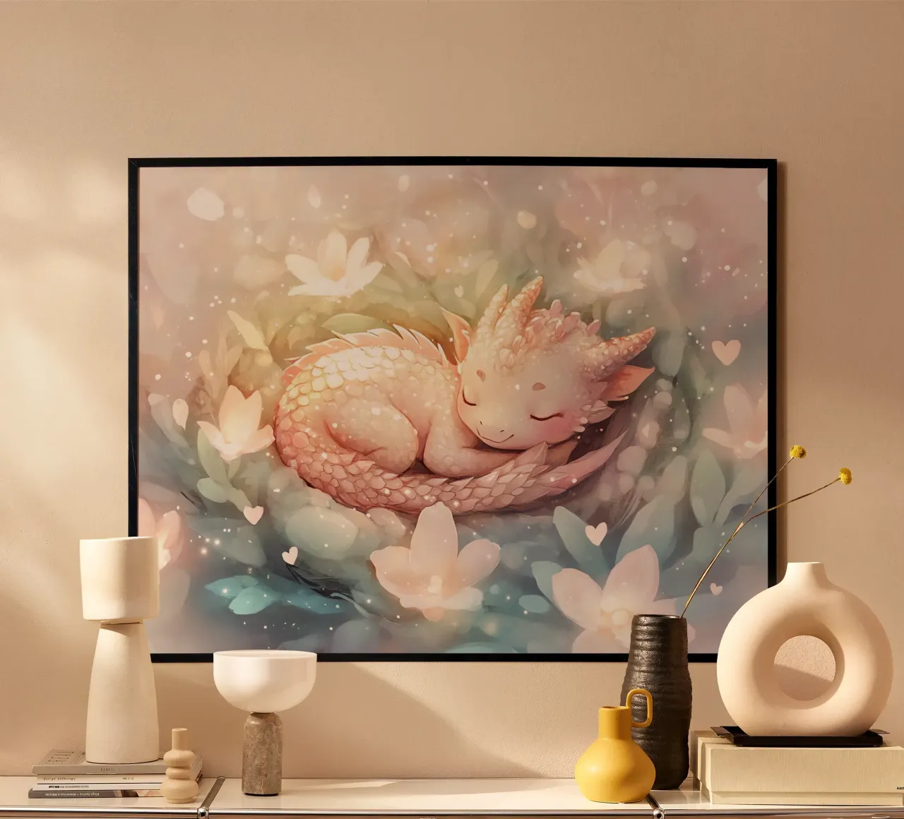 Risveglio pacifico: Drago addormentato in un letto di fiori poster da Théïa's Fantasia World