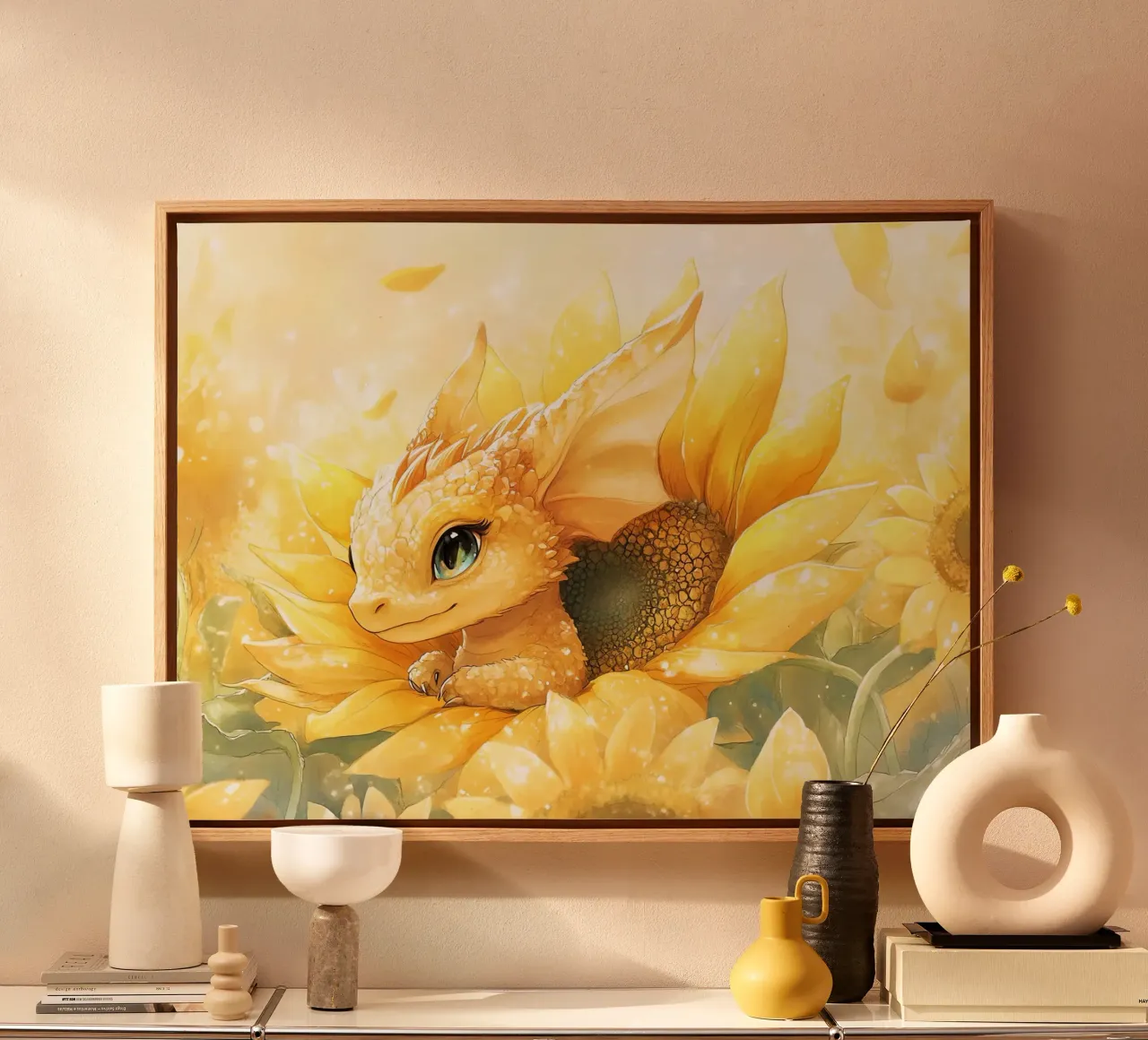 Sonnenenergie: Der Gelbe Drache, Hüter der Blumen Leinwand mit Schattenfugenrahmen von Théïa's Fantasia World