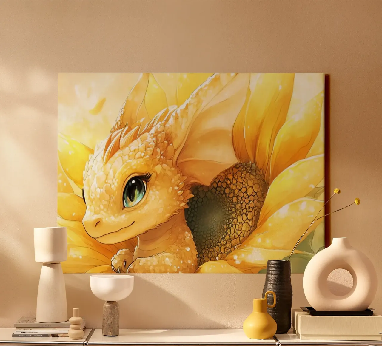 Sonnenenergie: Der Gelbe Drache, Hüter der Blumen Leinwand mit Schattenfugenrahmen von Théïa's Fantasia World