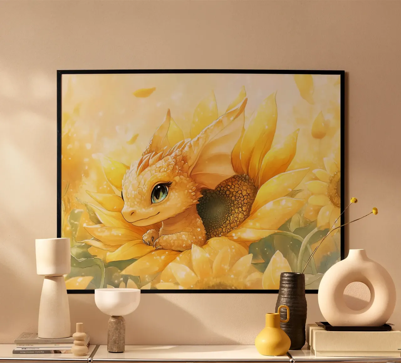 Energia solare: Il Drago Giallo, Guardiano dei Fiori poster con telaio in legno da Théïa's Fantasia World