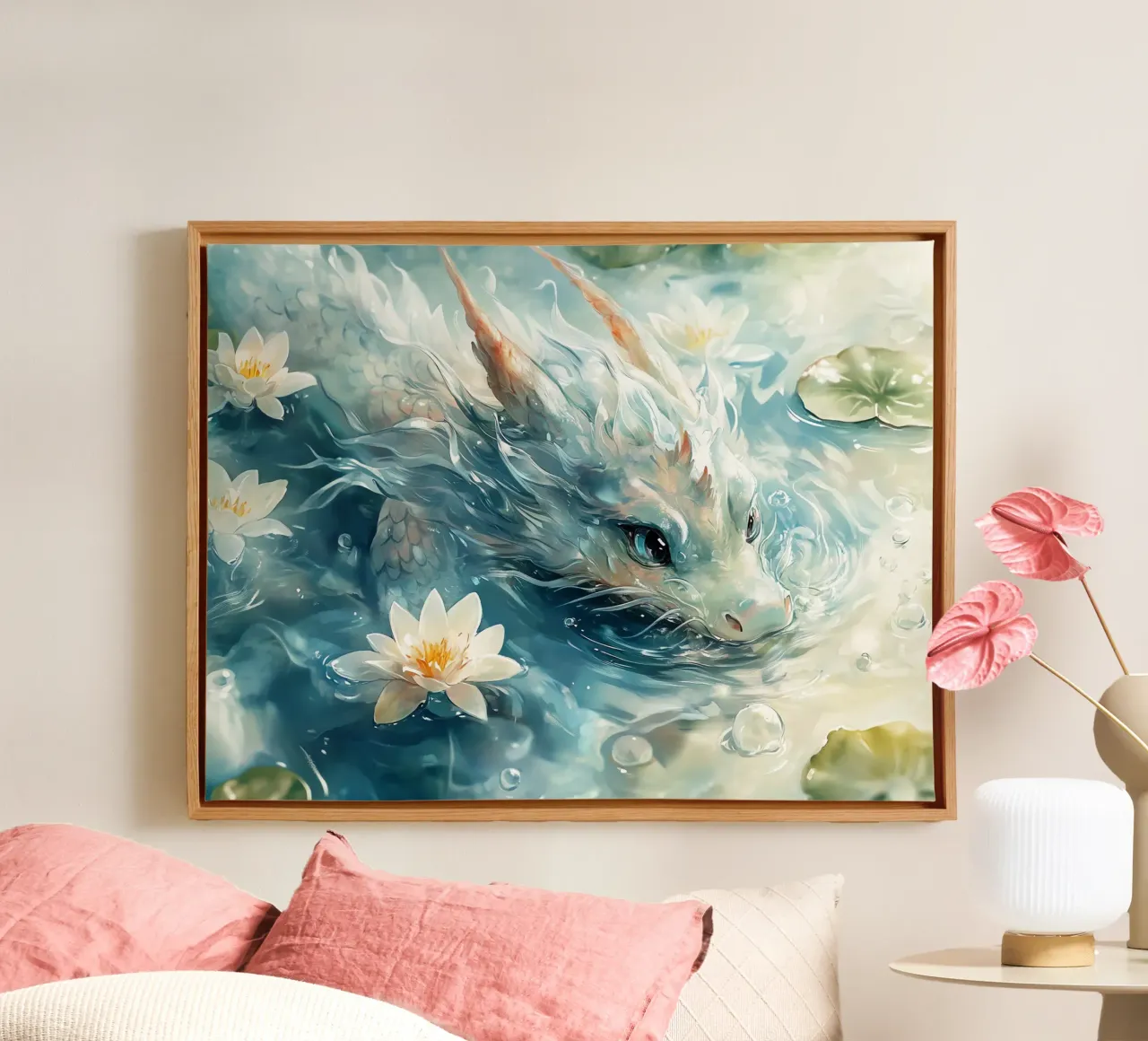 Wassergeist: Mystischer Drache unter den Lotusblumen Leinwand mit Schattenfugenrahmen von Théïa's Fantasia World